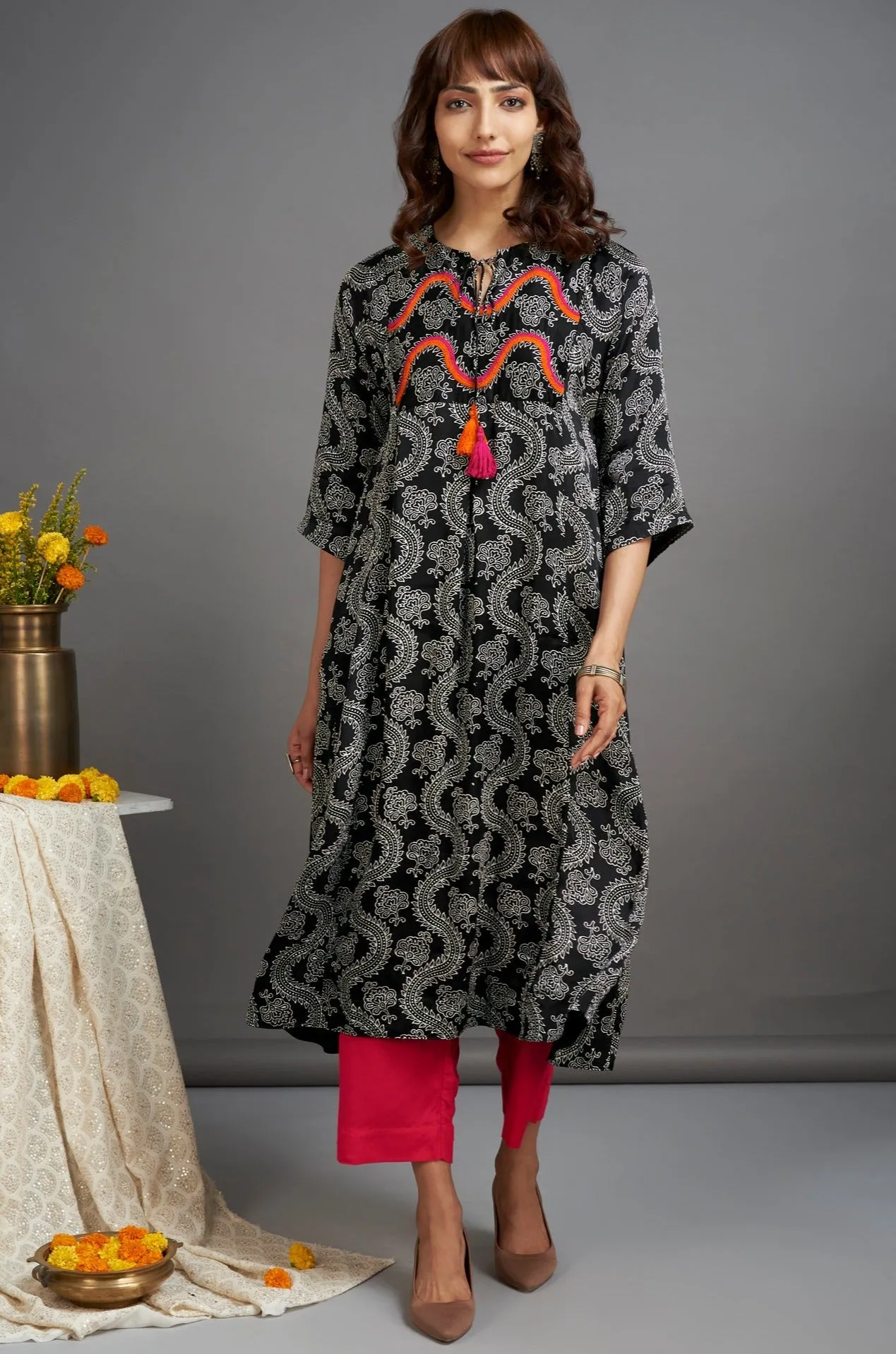 silk modal kalidar kurta with dori - midnight dreams & vermillion mist