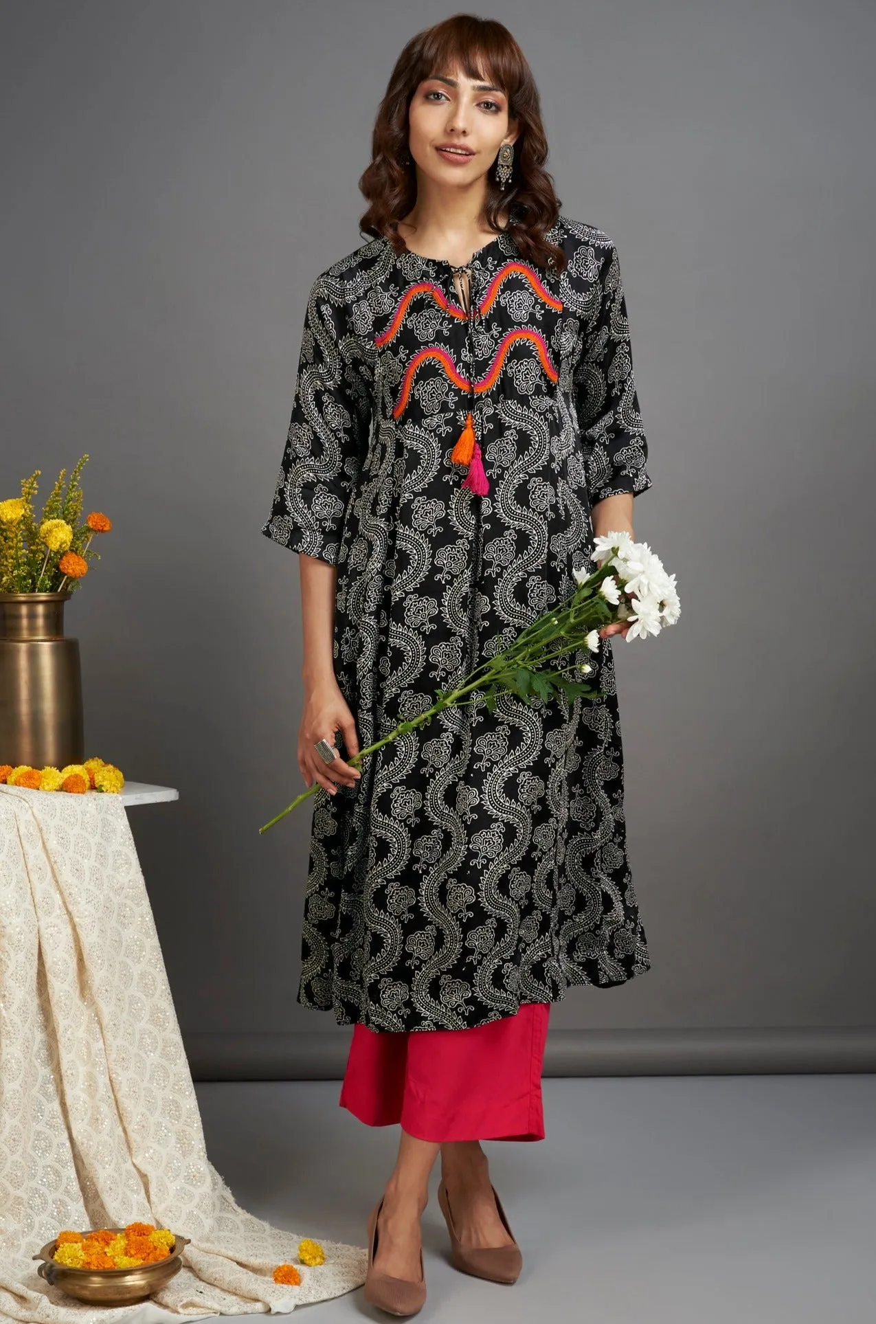 silk modal kalidar kurta with dori - midnight dreams & vermillion mist