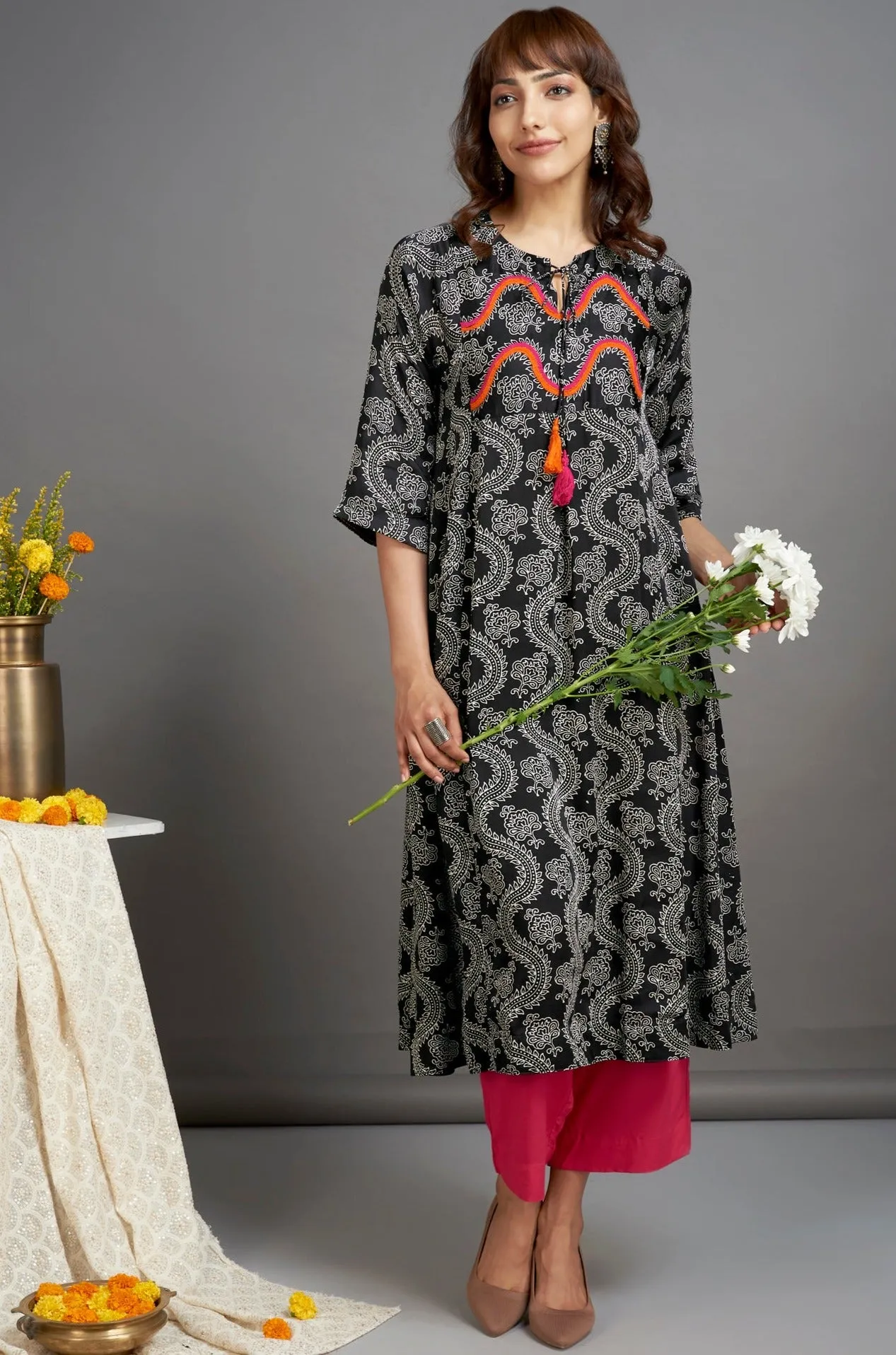 silk modal kalidar kurta with dori - midnight dreams & vermillion mist