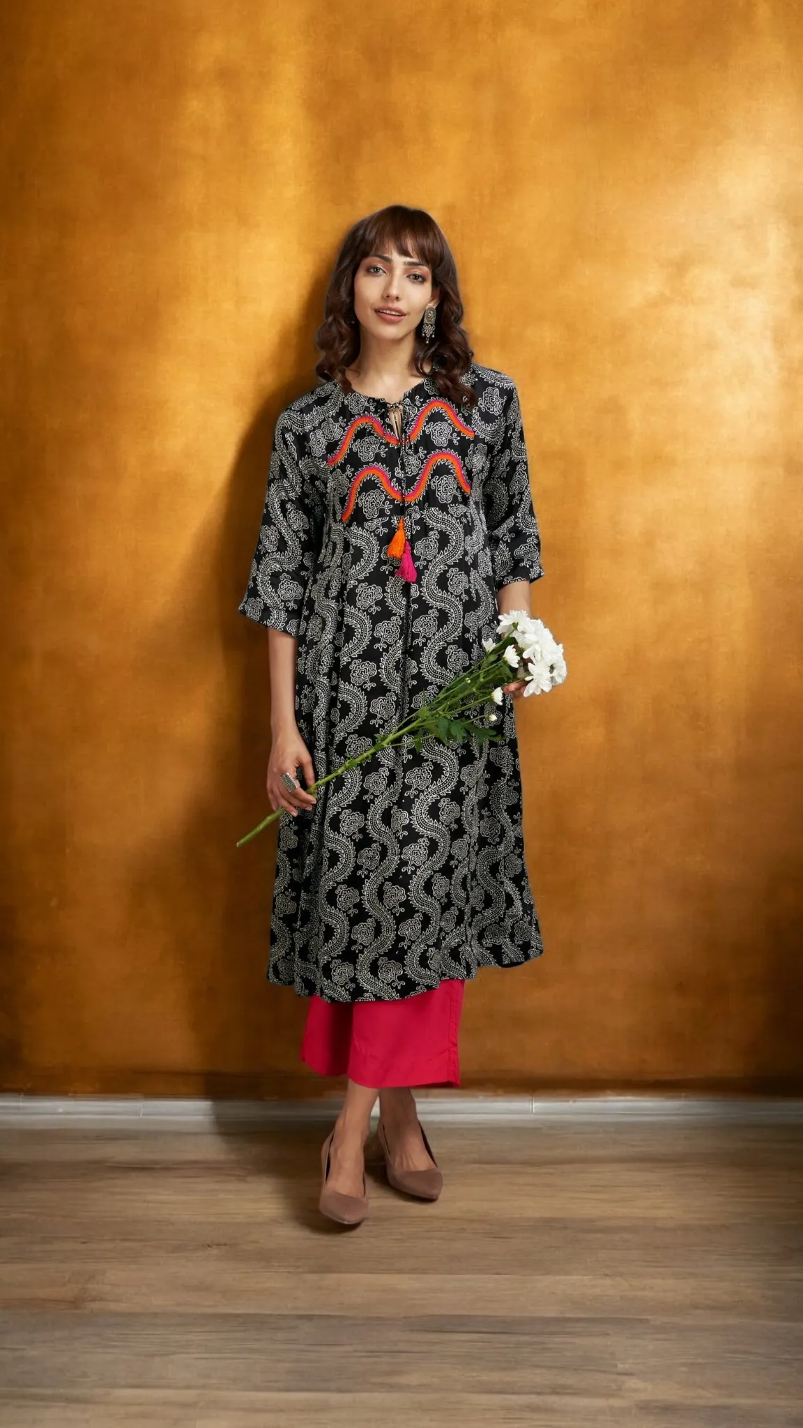 silk modal kalidar kurta with dori - midnight dreams & vermillion mist