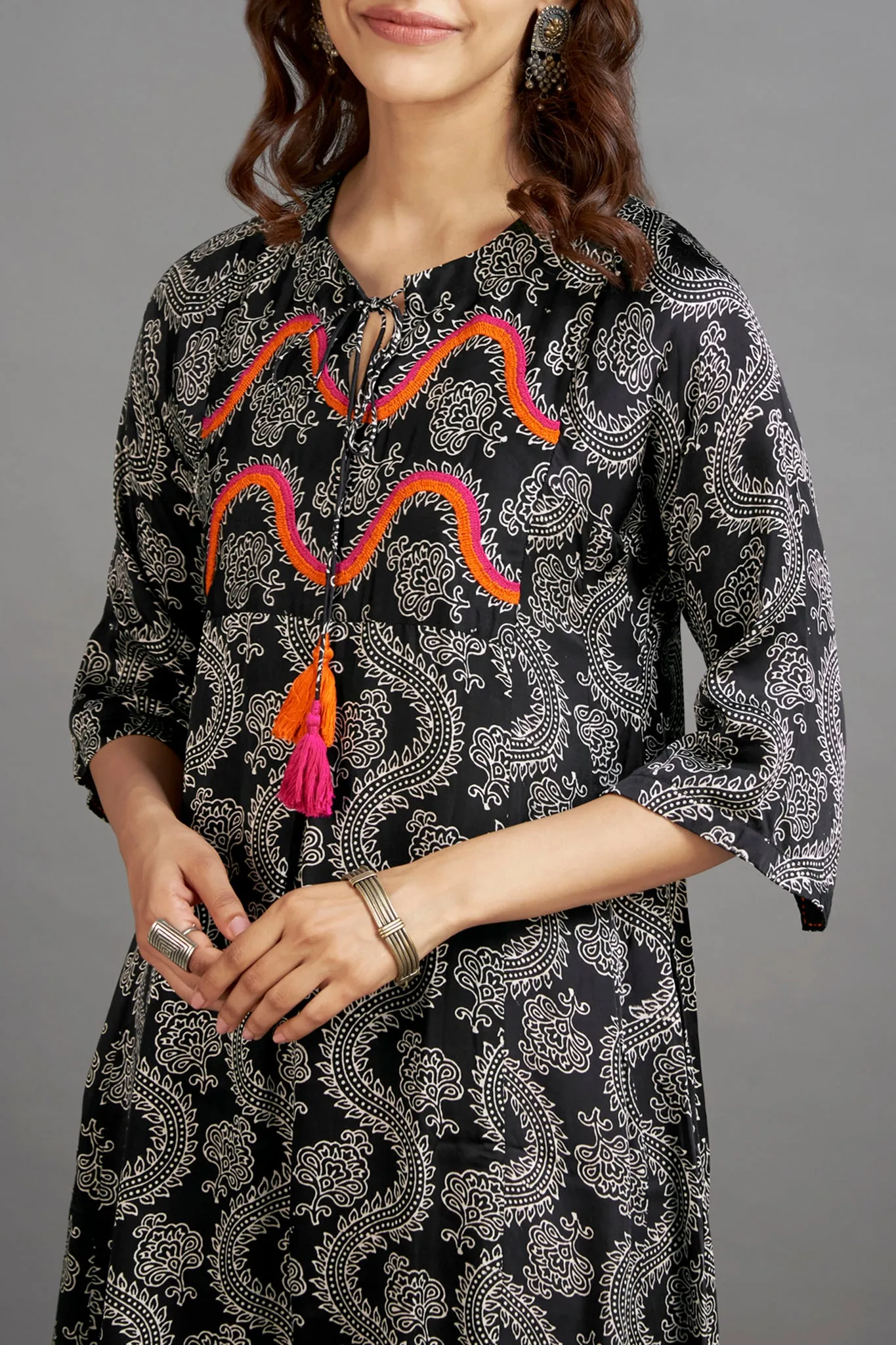 silk modal kalidar kurta with dori - midnight dreams & vermillion mist