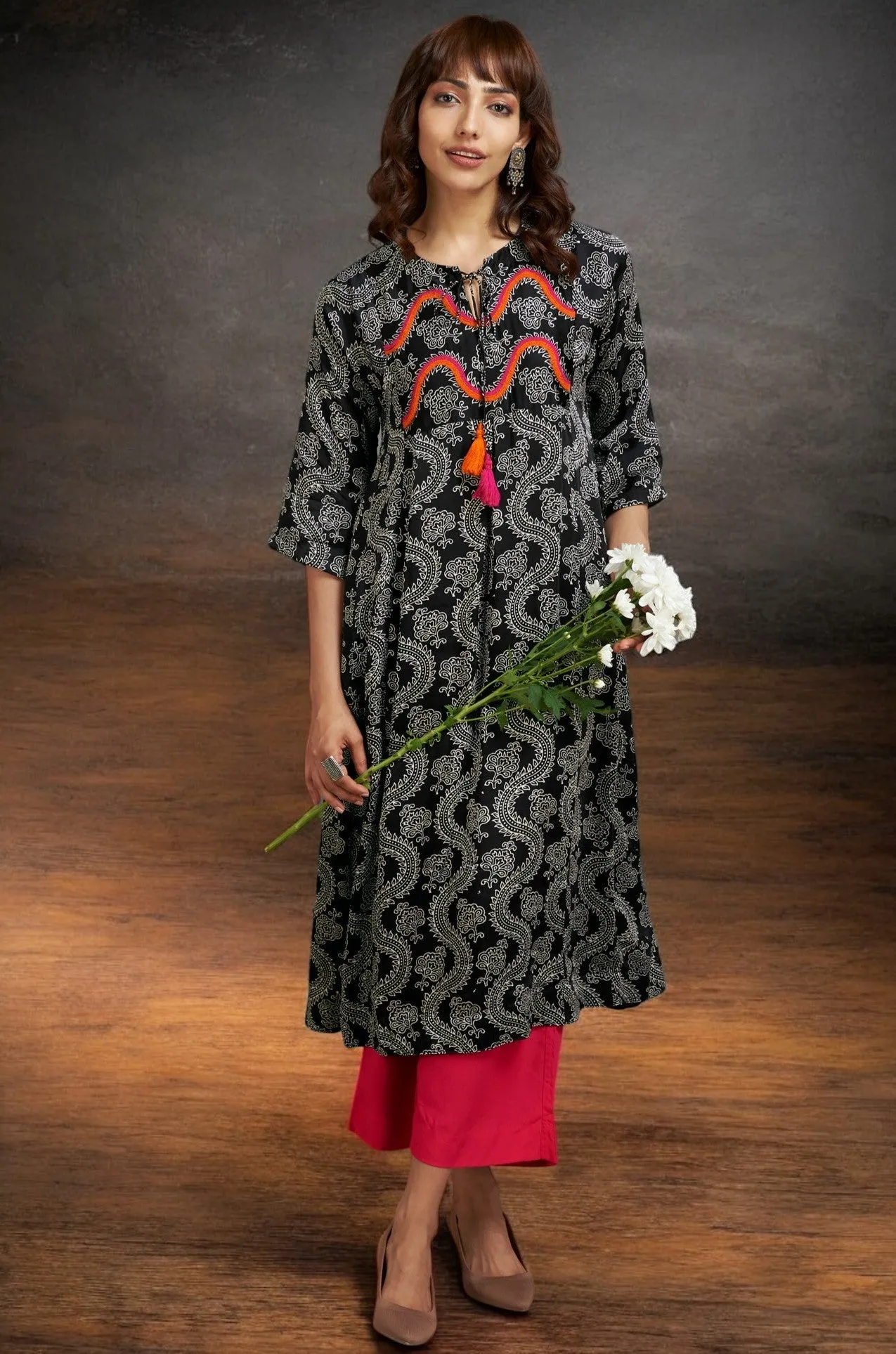 silk modal kalidar kurta with dori - midnight dreams & vermillion mist