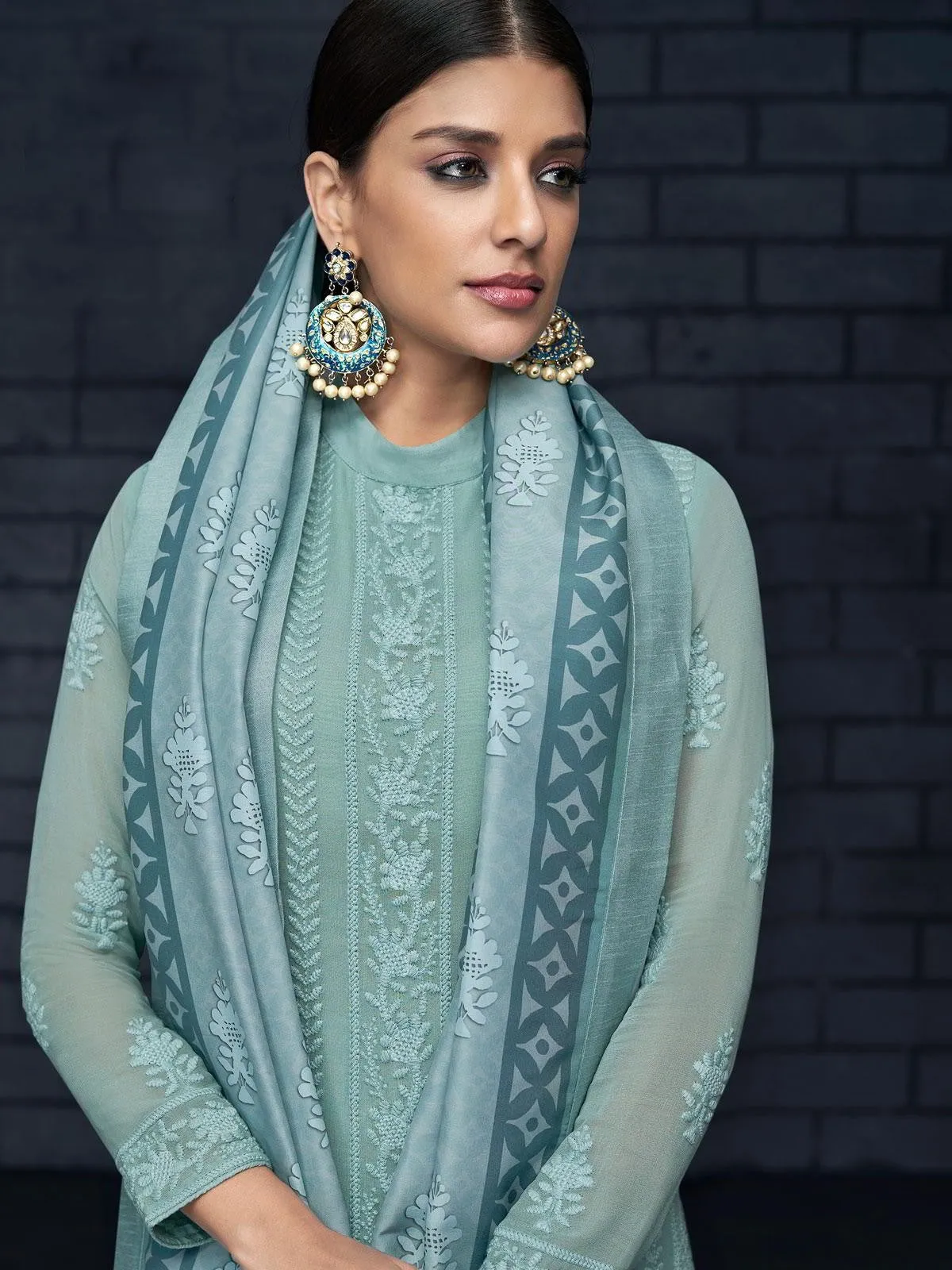 Sky Blue Over All Lucknowi Embroidered Designer Pant Suit