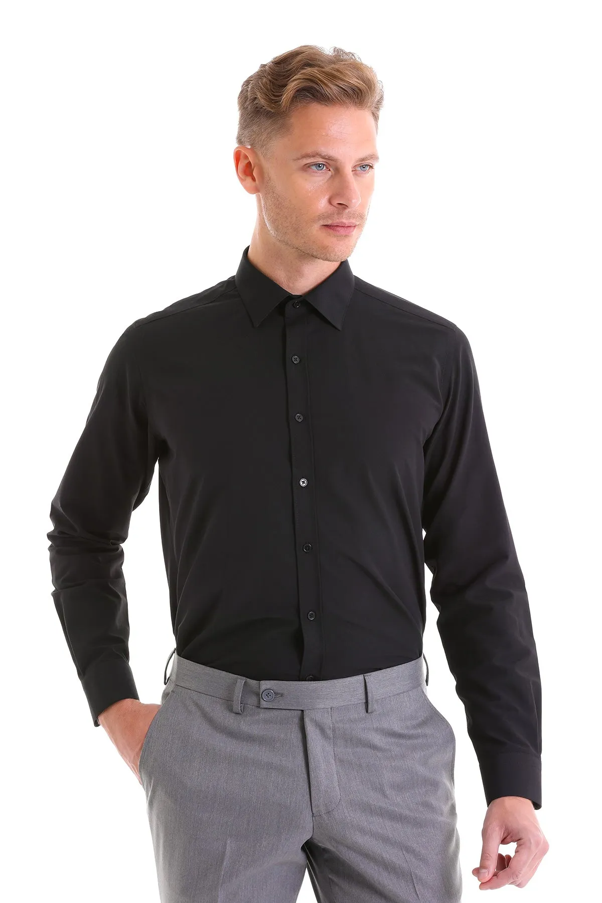 Slim Fit Black Cotton Blend Dress Shirt