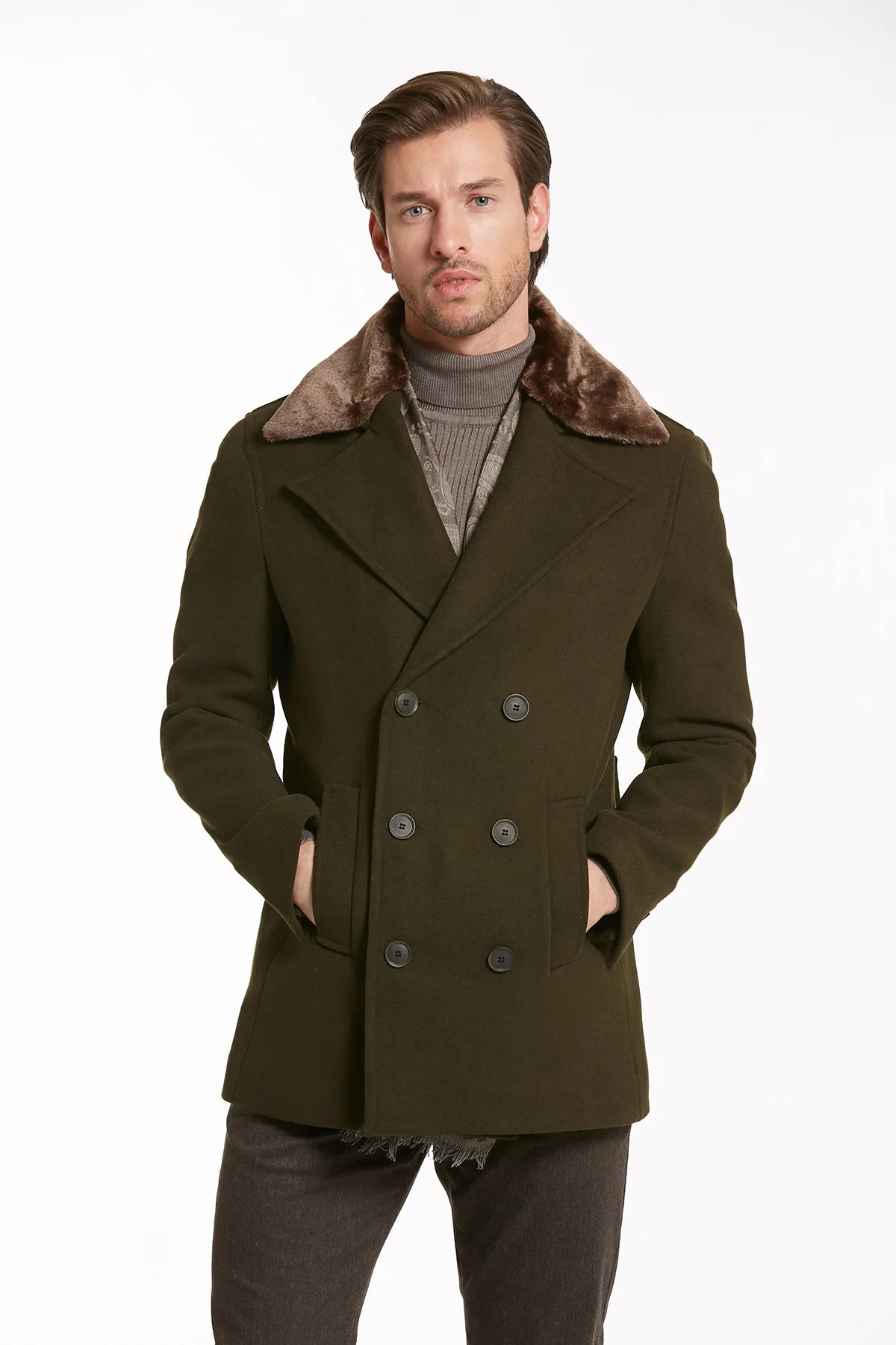 Slim Fit Cachet Double Breasted Wool Blend Light Gray Coat, Khaki