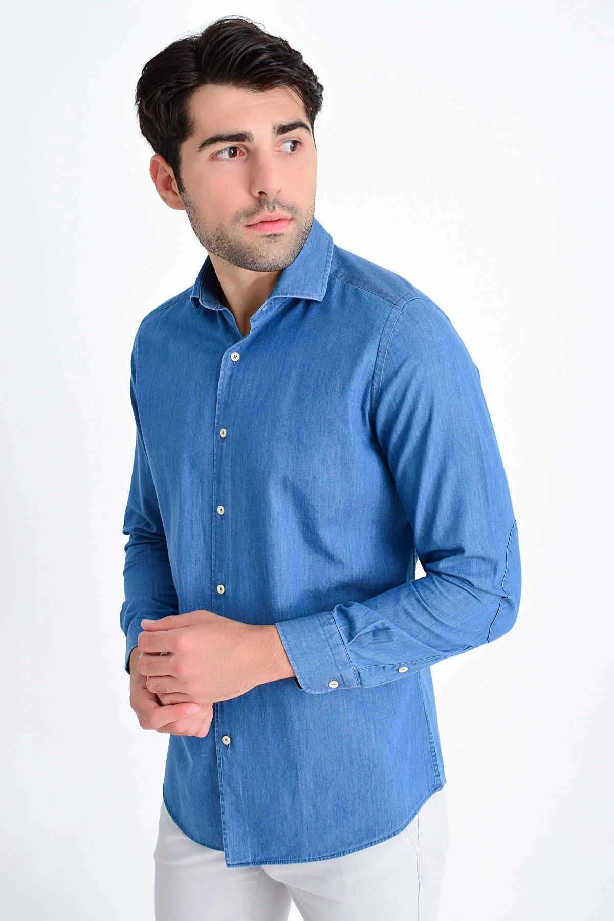 Slim Fit Long Sleeve Cotton Indigo Casual Shirt