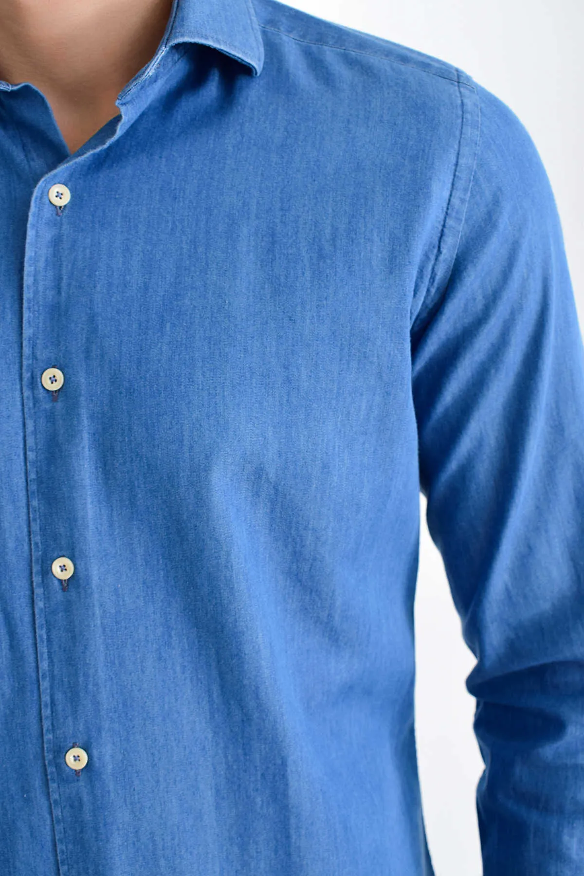 Slim Fit Long Sleeve Cotton Indigo Casual Shirt