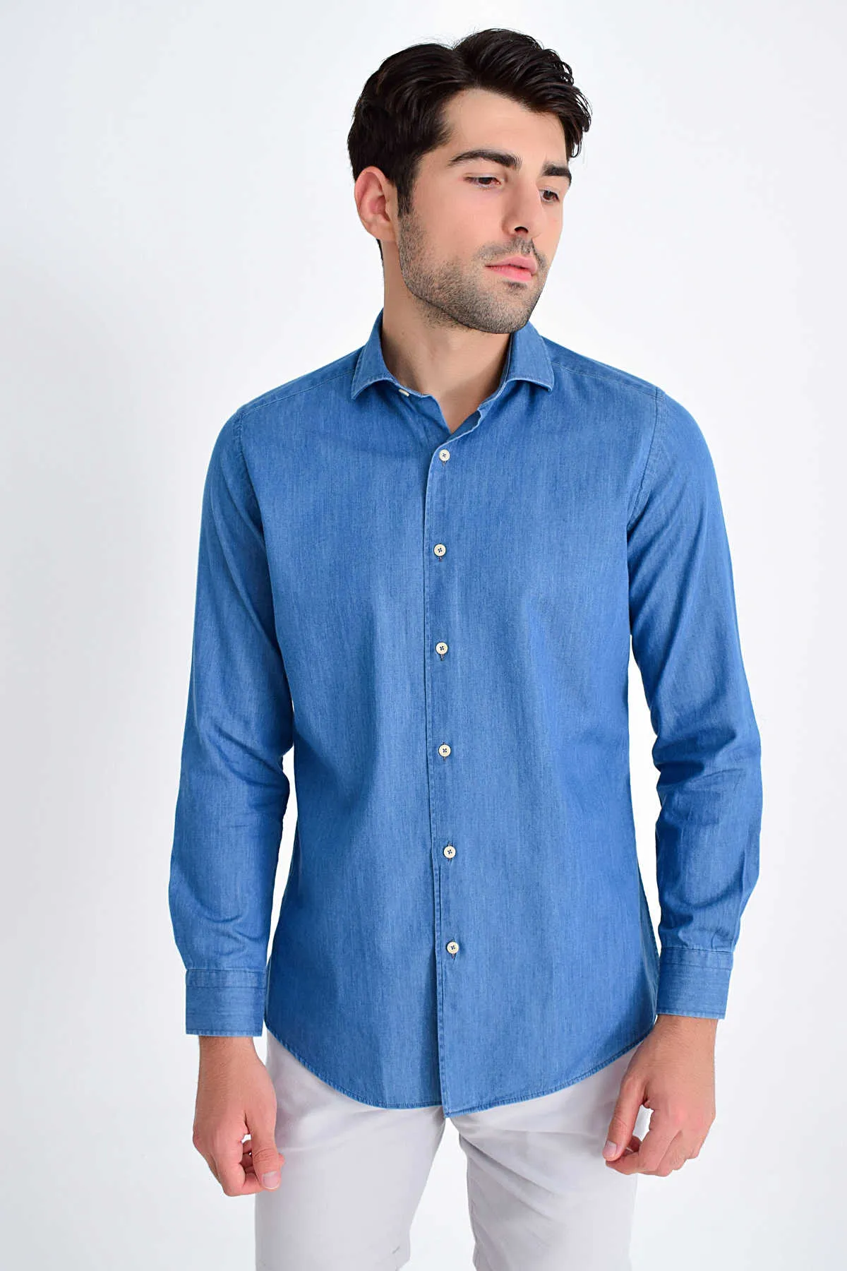 Slim Fit Long Sleeve Cotton Indigo Casual Shirt