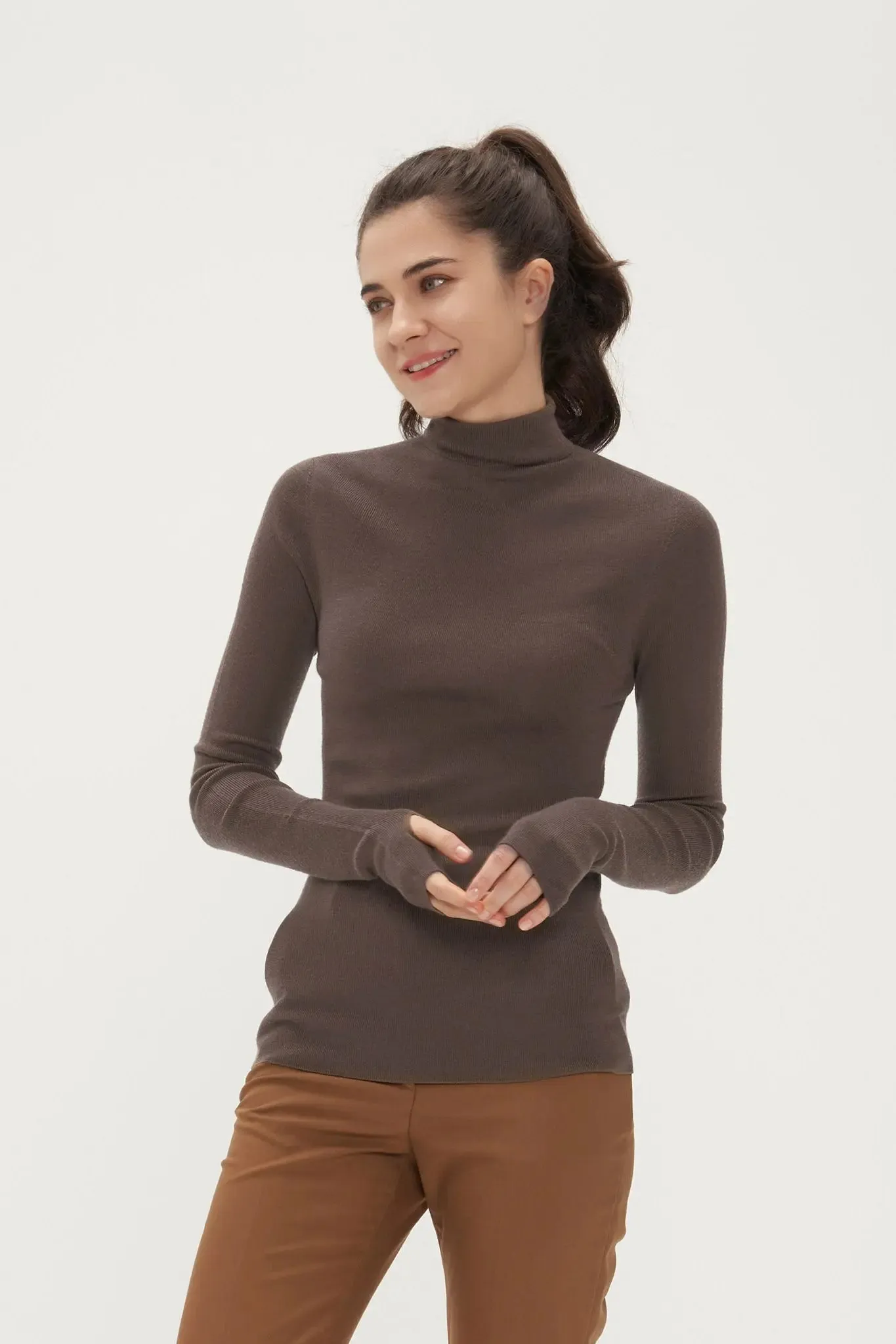 Slim Seamless Wool Turtleneck Sweater with Thumb Holes