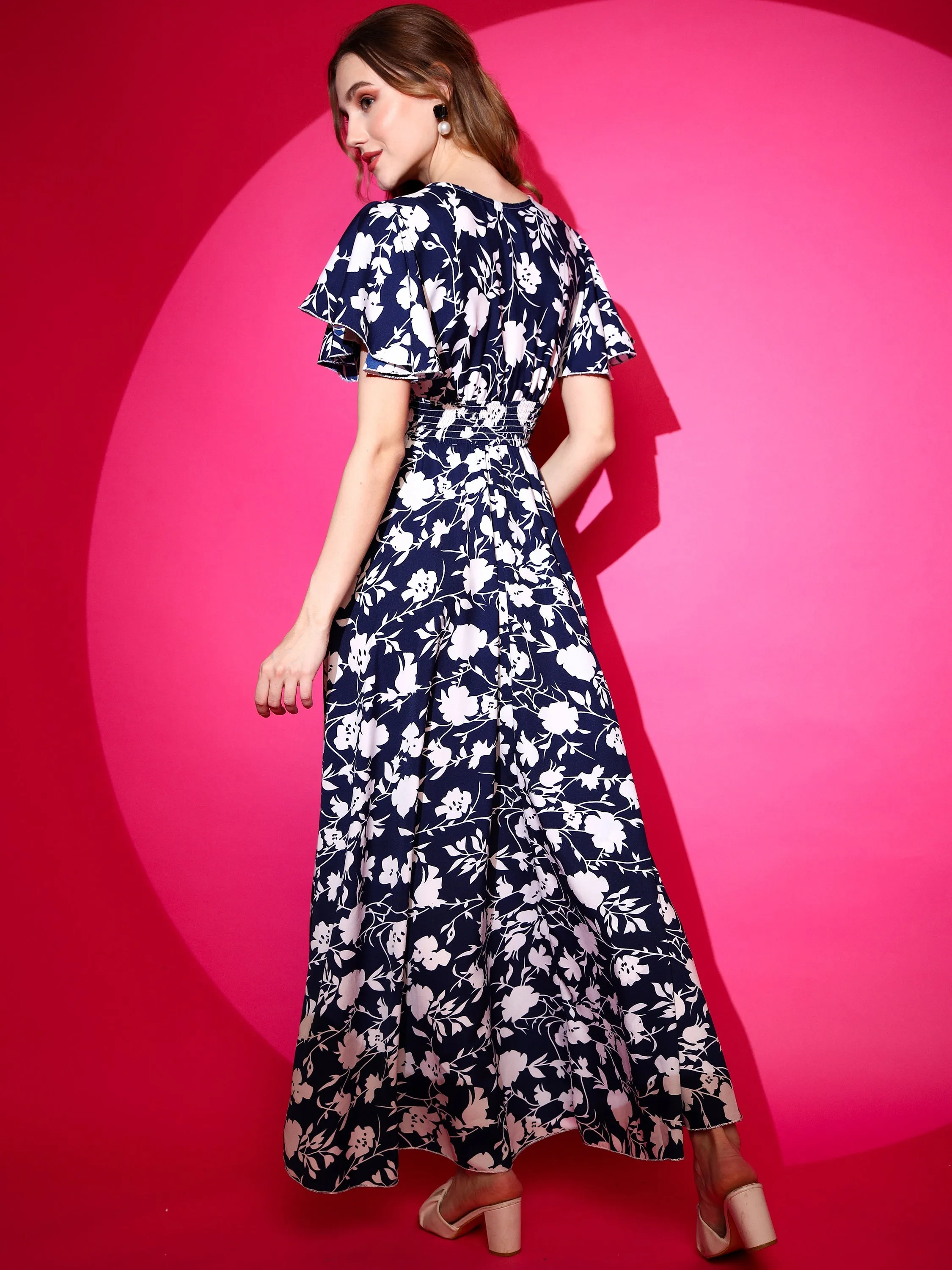 Smocked floral Printed Half Sleeve V-Neck Maxi Dress