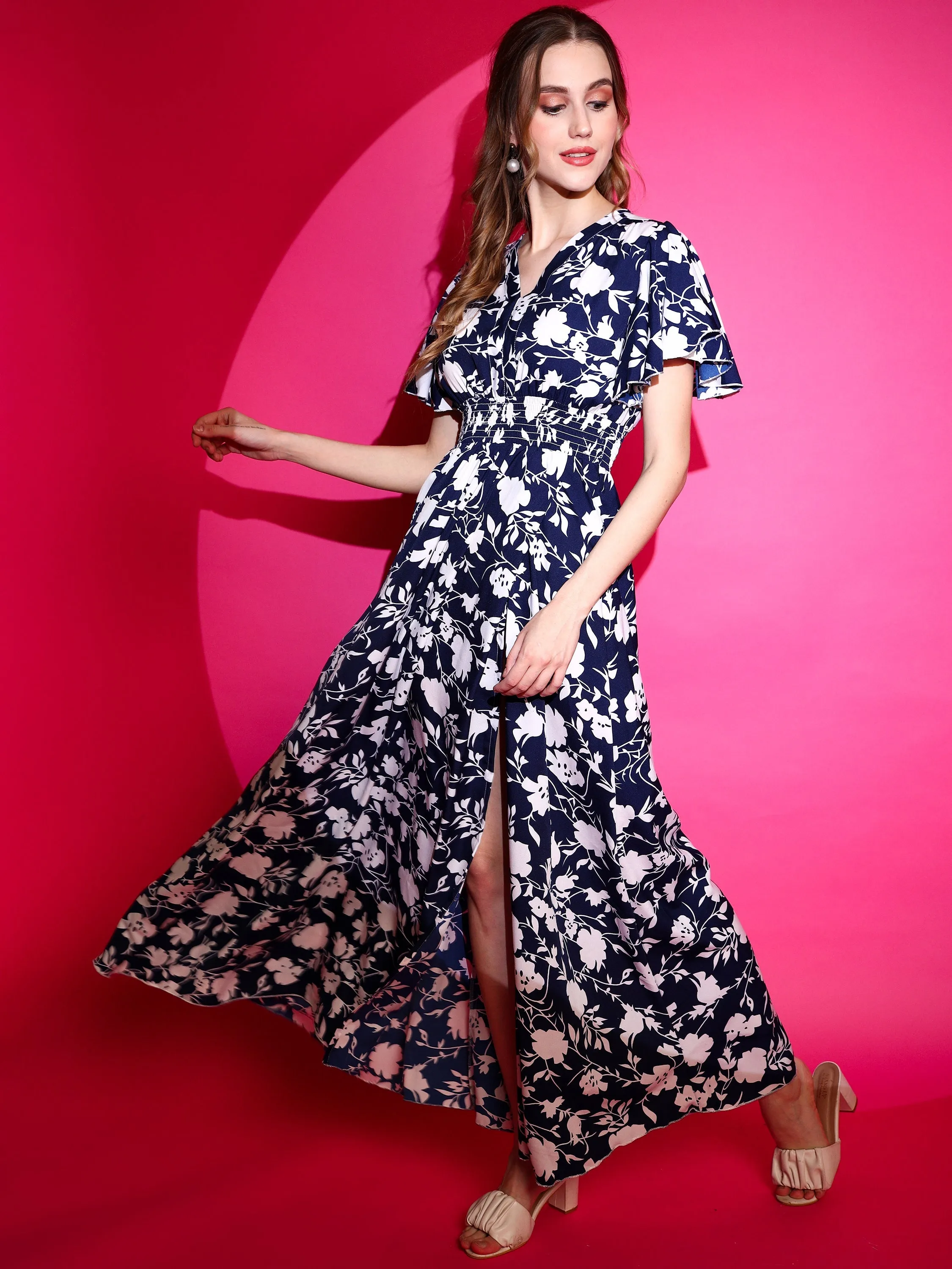 Smocked floral Printed Half Sleeve V-Neck Maxi Dress