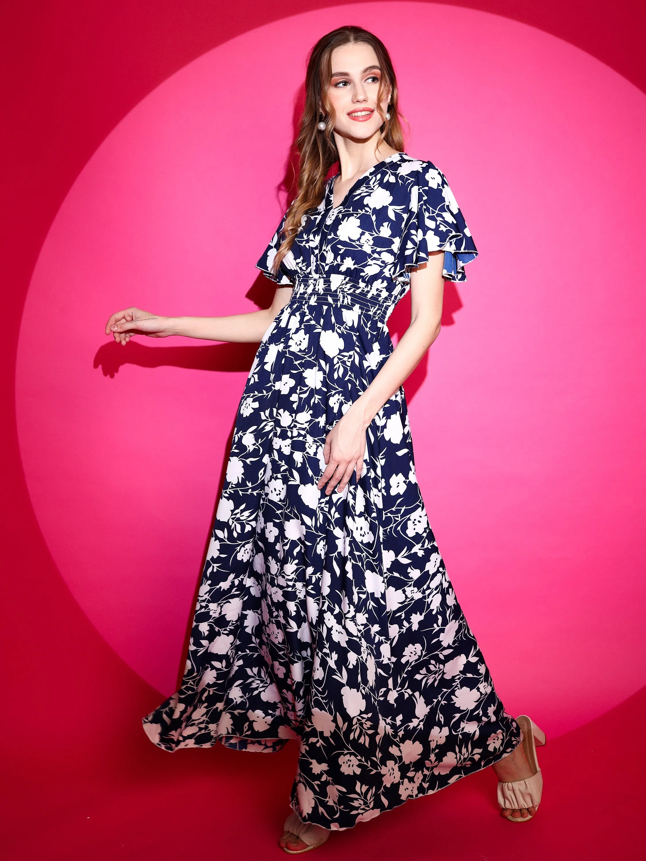 Smocked floral Printed Half Sleeve V-Neck Maxi Dress