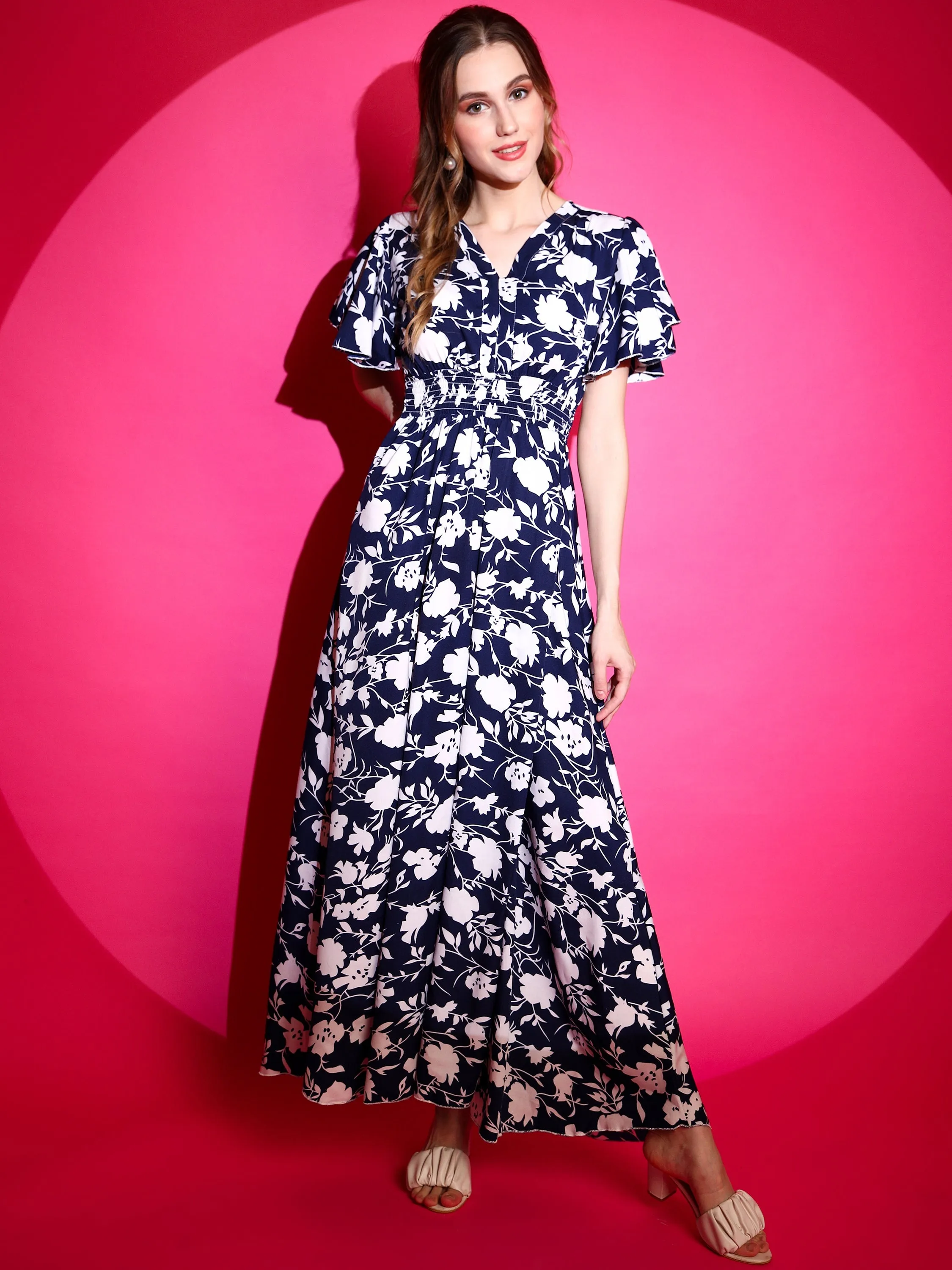 Smocked floral Printed Half Sleeve V-Neck Maxi Dress