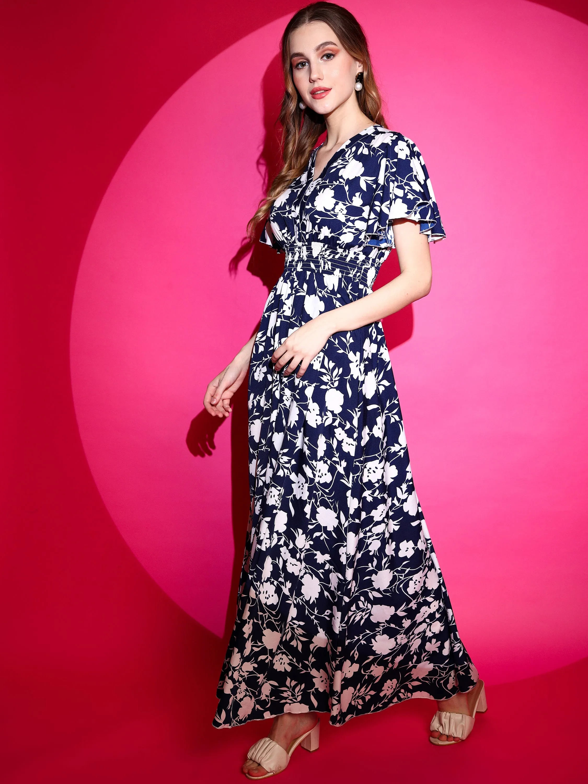 Smocked floral Printed Half Sleeve V-Neck Maxi Dress