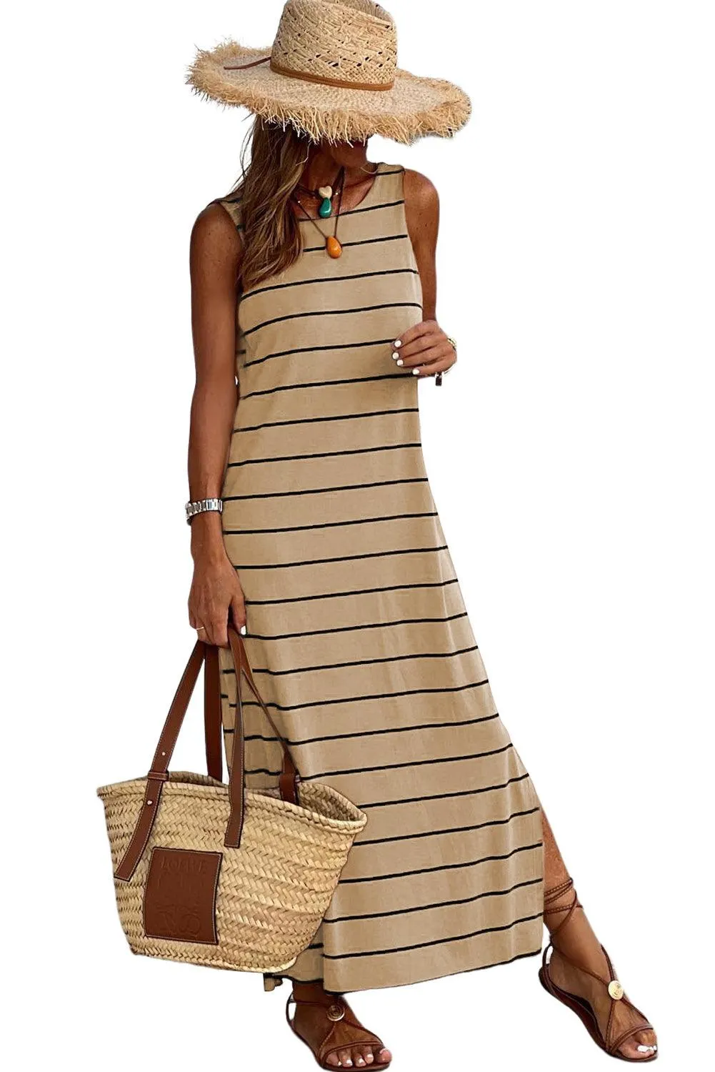 Stripe Print Open Back Sleeveless Maxi Dress with Slits