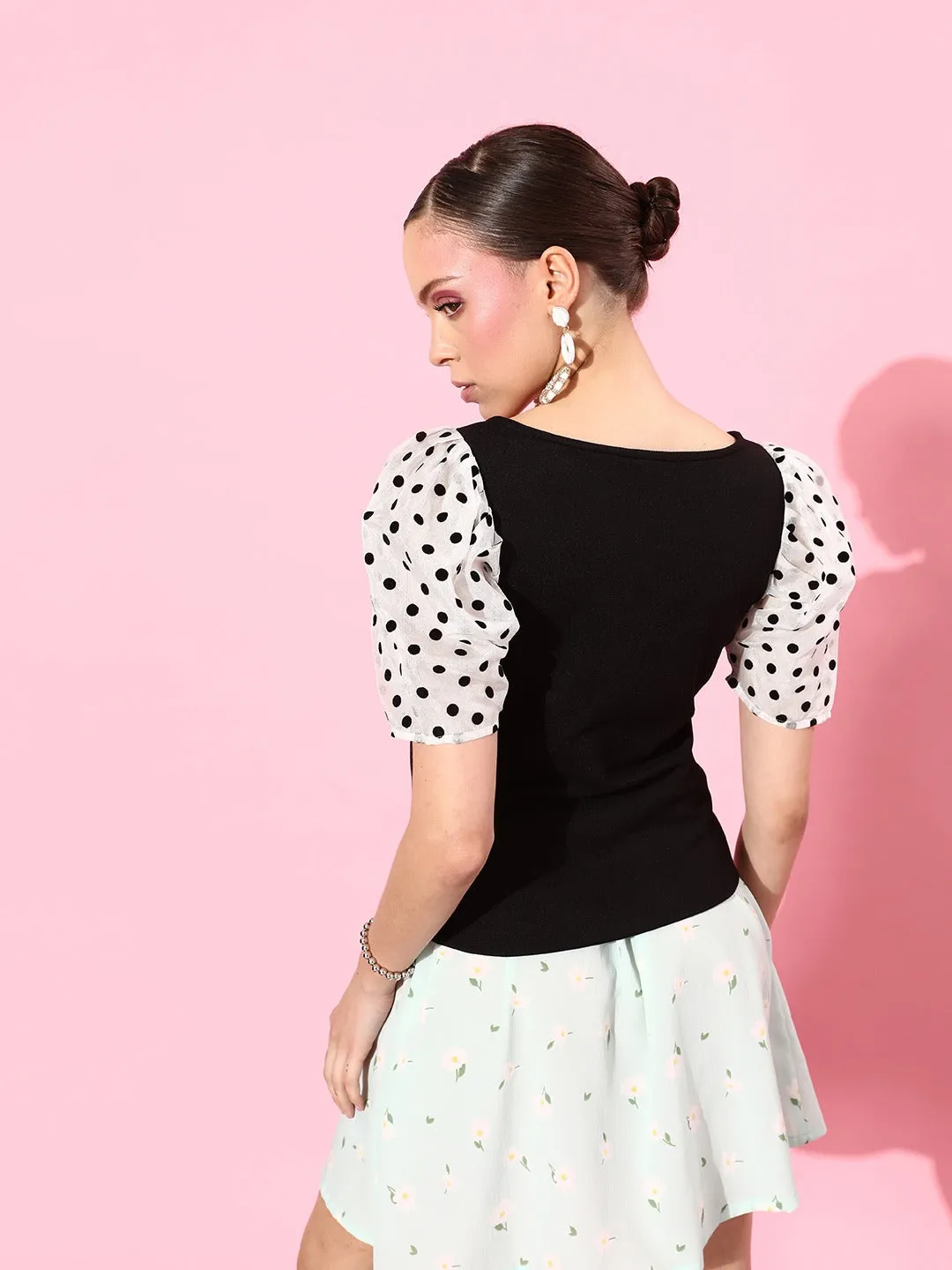 Style Quotient Women Black & White Print Puff Sleeves Monochrome Top