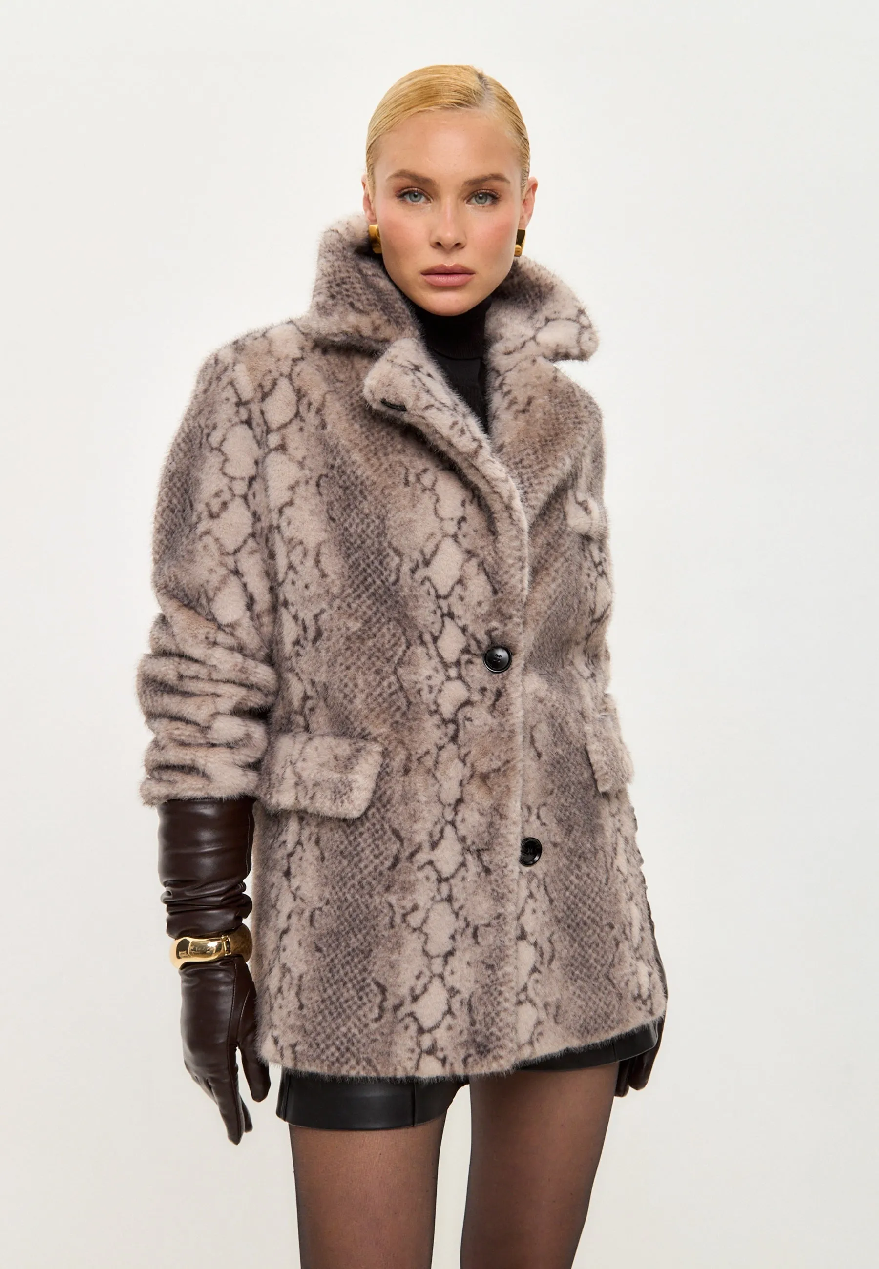 Stylish Beige Snake Print Faux Fur Coat Niuvis - Beige