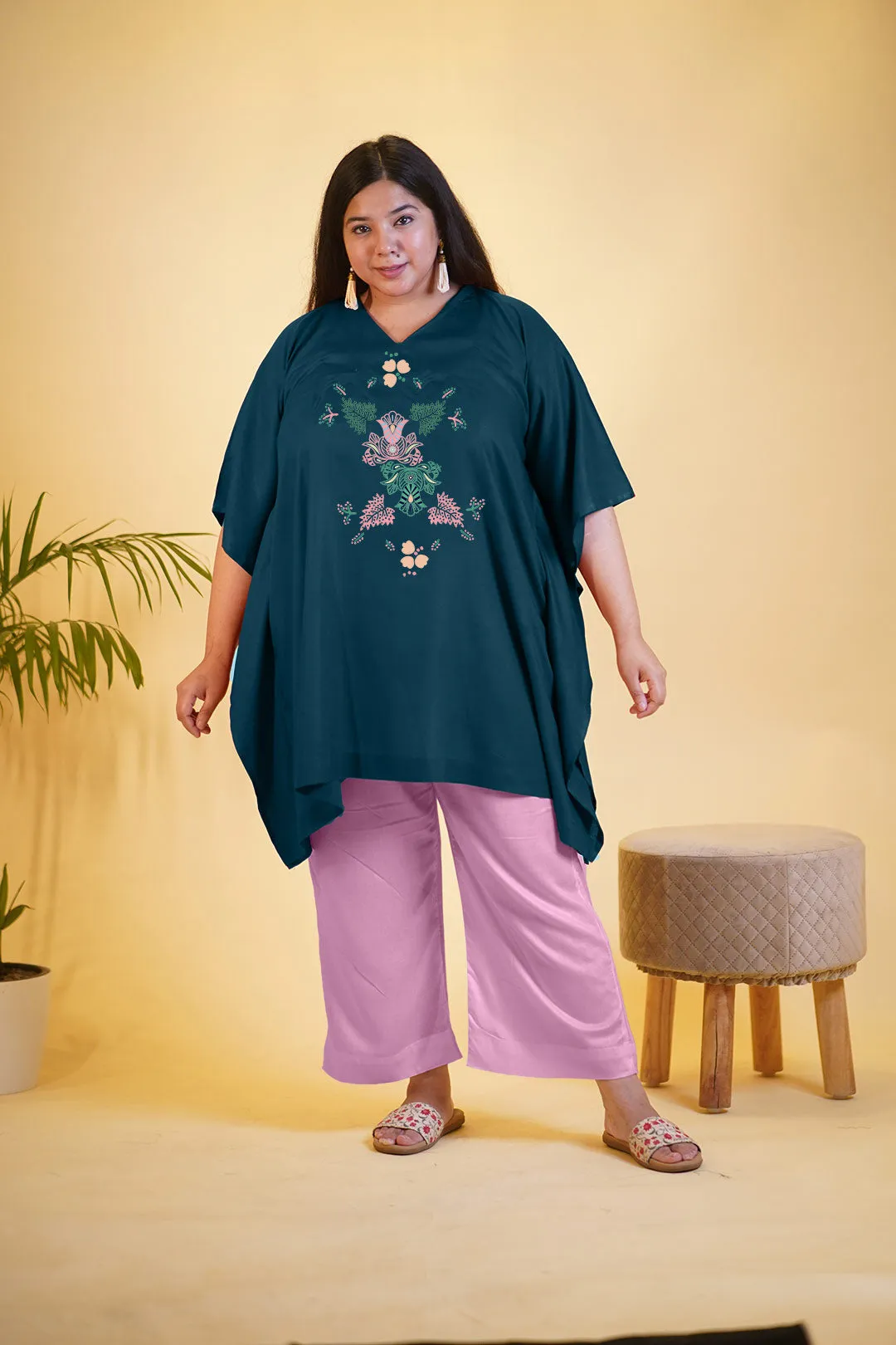 Teal Rayon Kurti & Babypink Palazzo - Sahiba