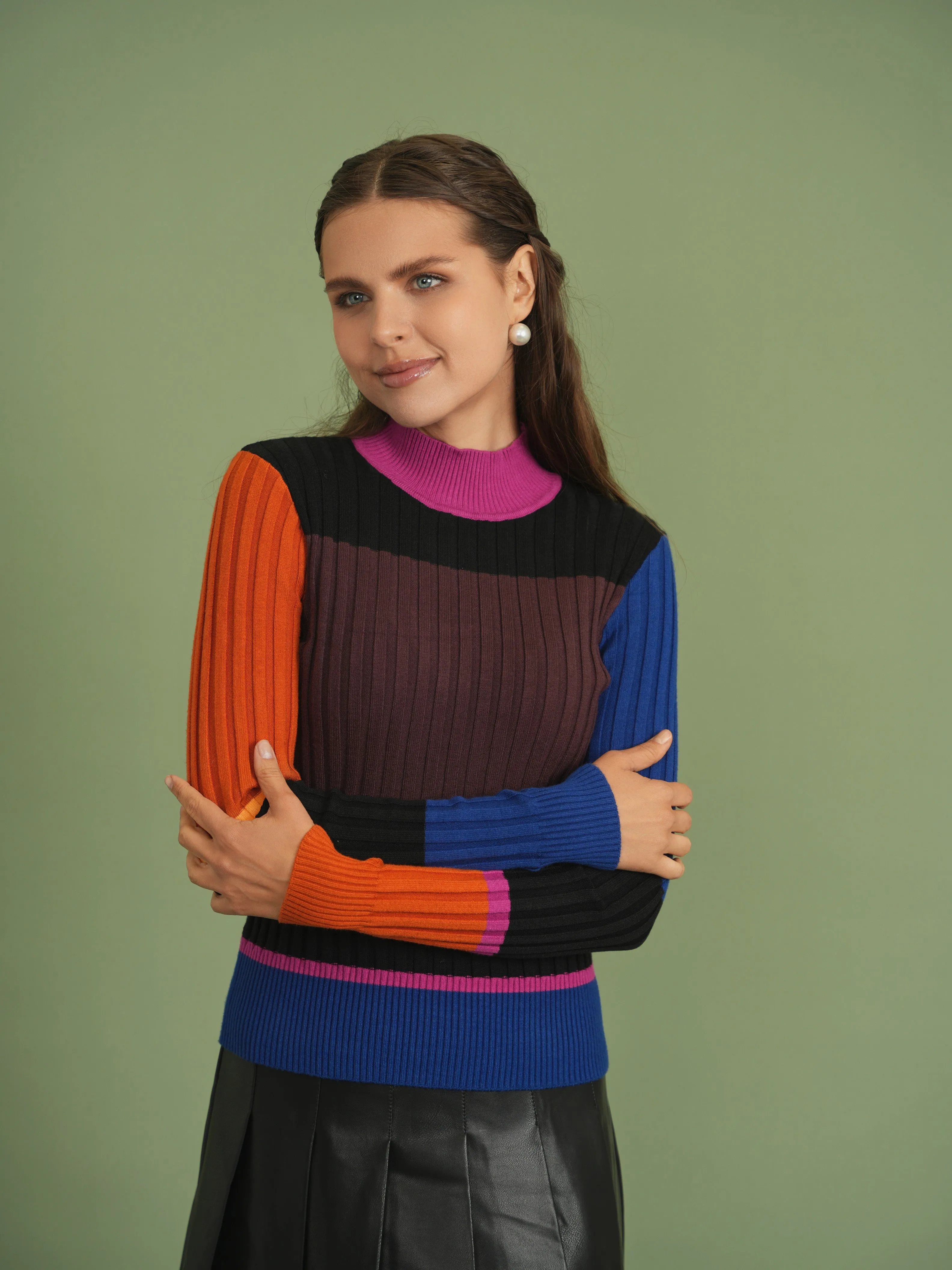 top l/s ribbed multi stripe turtleneck - multi