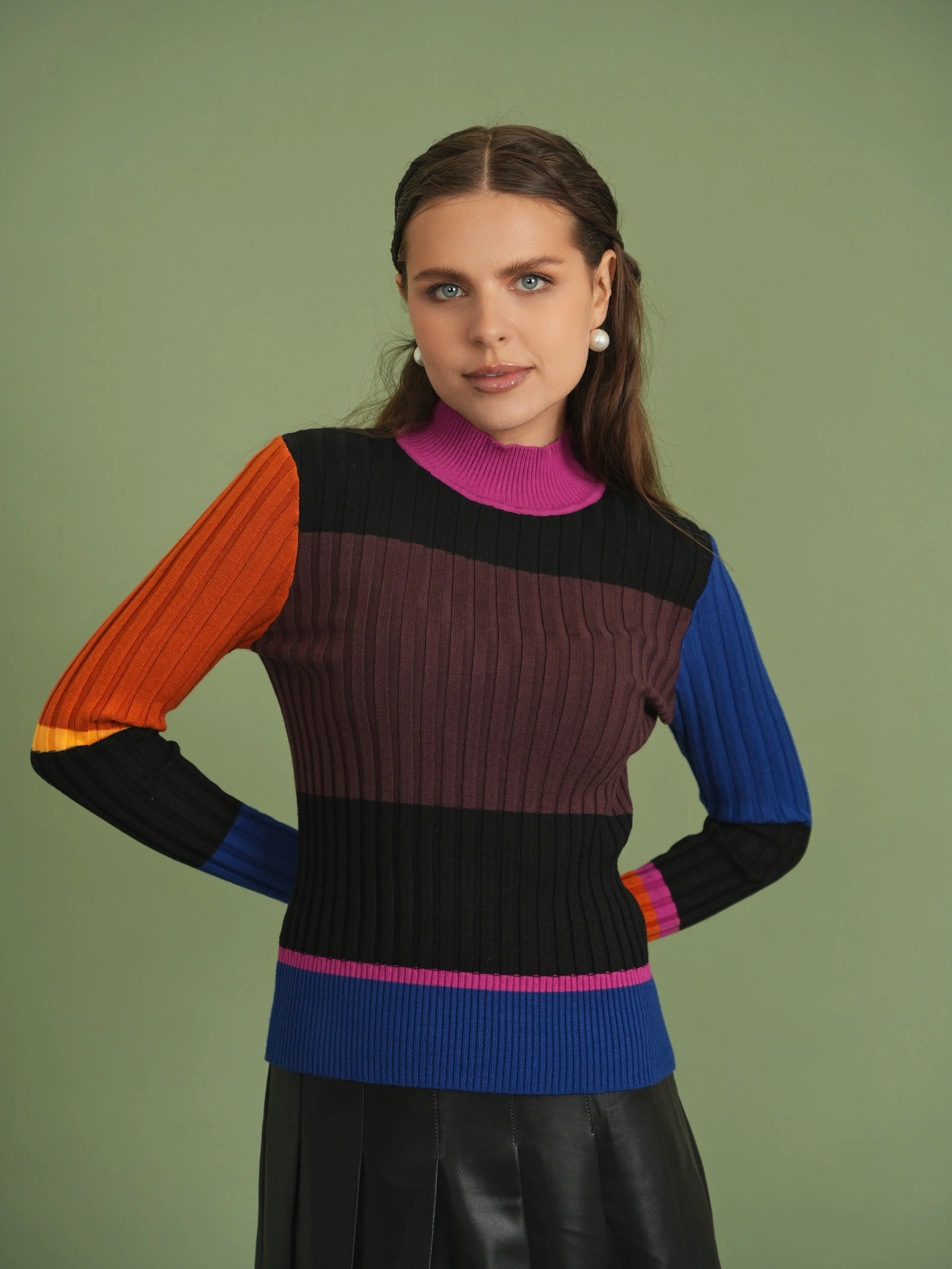 top l/s ribbed multi stripe turtleneck - multi