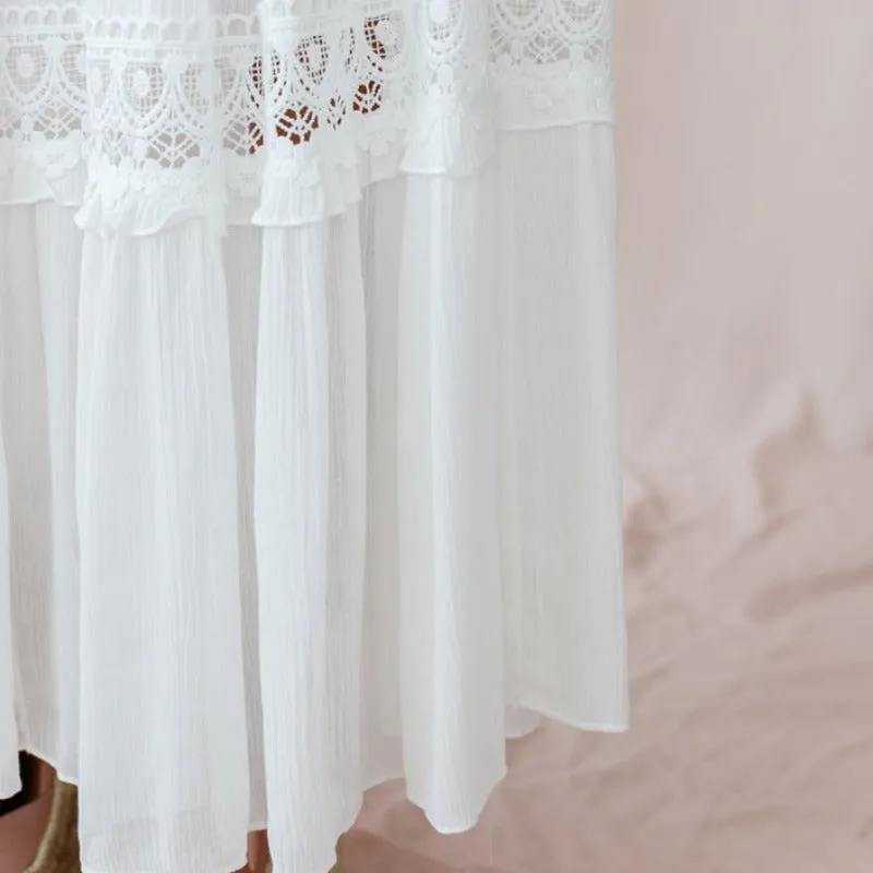 V-Cut White Boho Maxi Dress