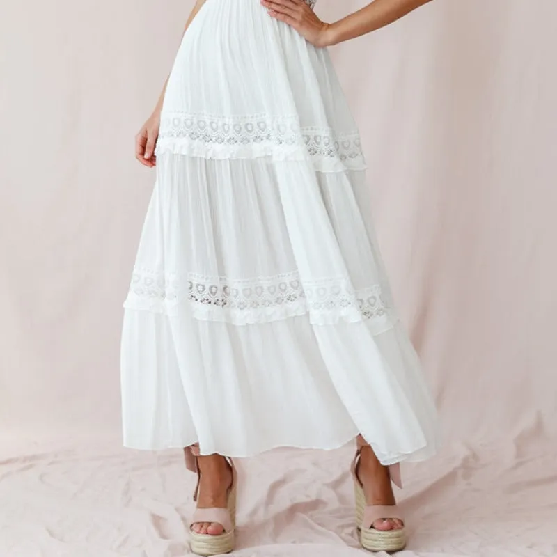 V-Cut White Boho Maxi Dress