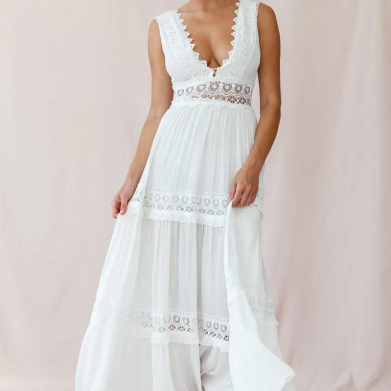 V-Cut White Boho Maxi Dress