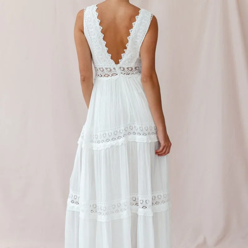 V-Cut White Boho Maxi Dress