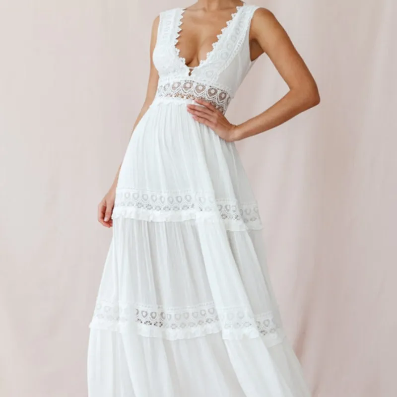 V-Cut White Boho Maxi Dress