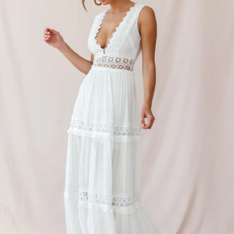 V-Cut White Boho Maxi Dress