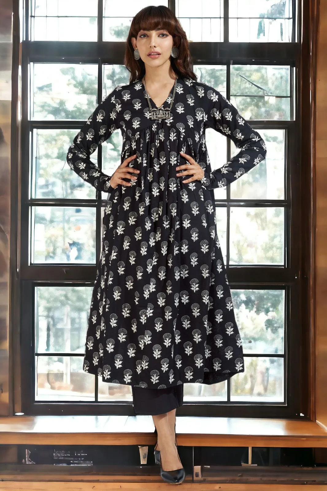 v-neck gather anarkali with chudidar sleeves -  monochrome reverie & fragrant parijat