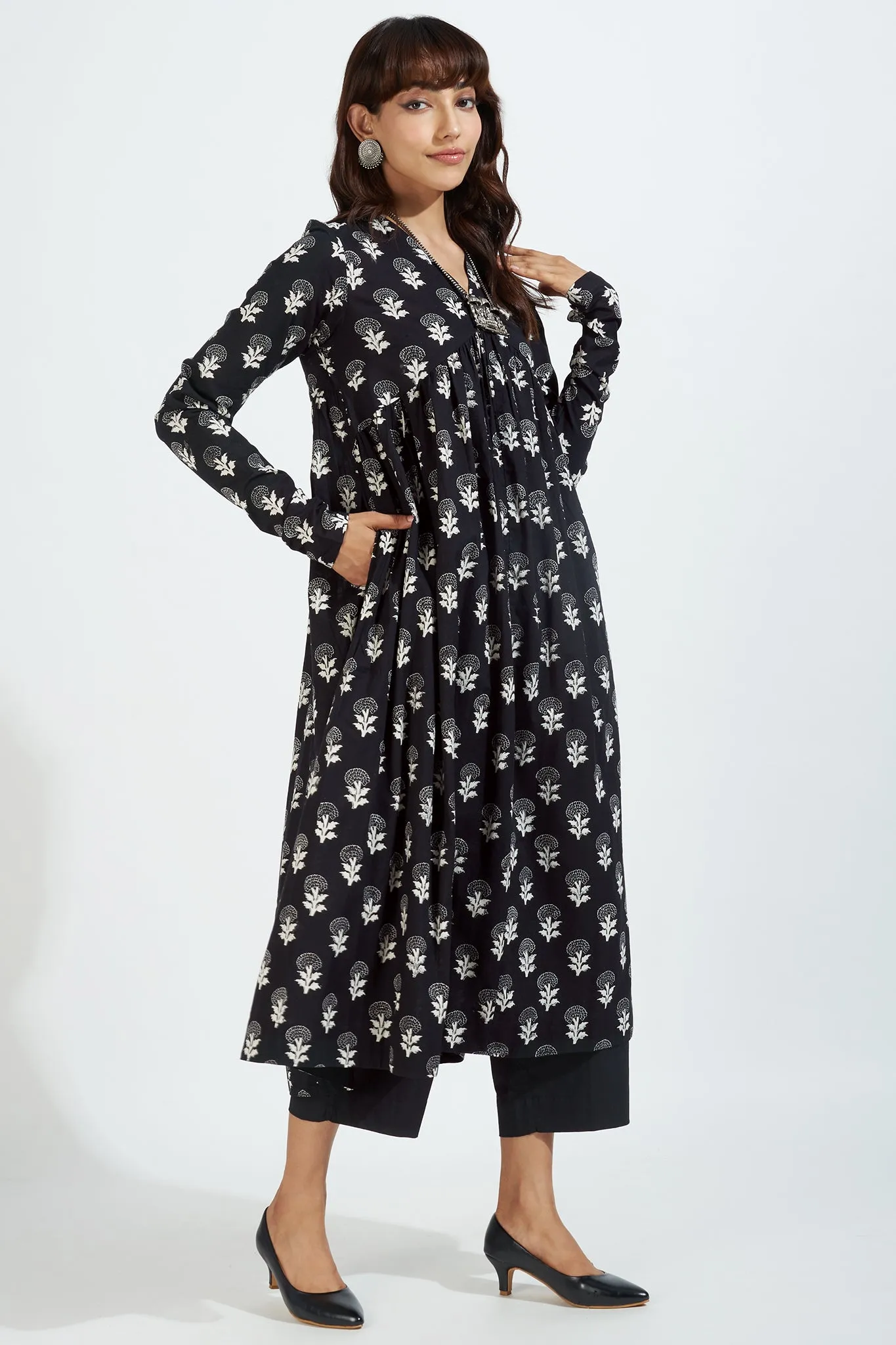 v-neck gather anarkali with chudidar sleeves -  monochrome reverie & fragrant parijat