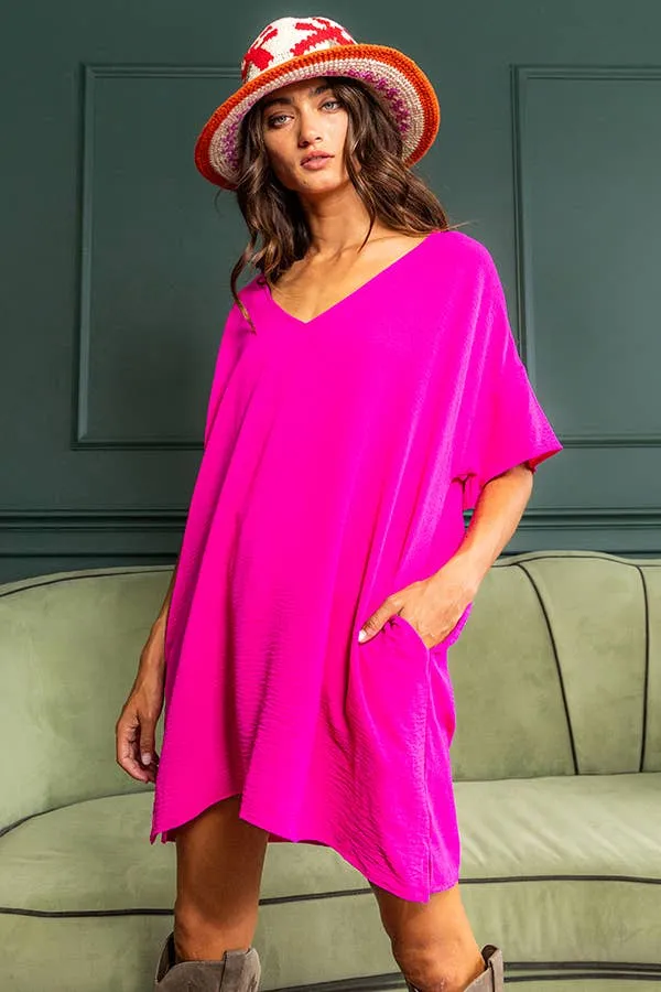 V-neck Short Sleeve Oversize T-shirt Dress FUCHSIA