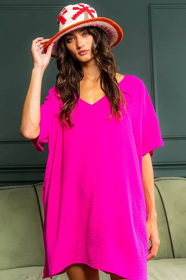 V-neck Short Sleeve Oversize T-shirt Dress FUCHSIA