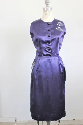 Vintage 1960s Satin Cocktail Dress, with Pockets and Appliques.