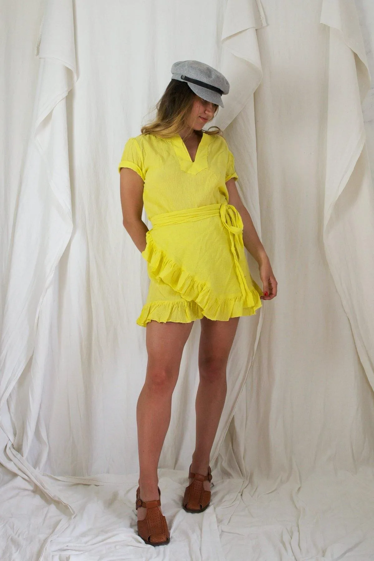 Vintage Canary Wrap Ruffle Dress