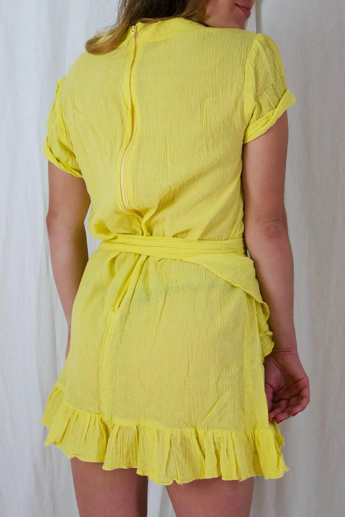 Vintage Canary Wrap Ruffle Dress