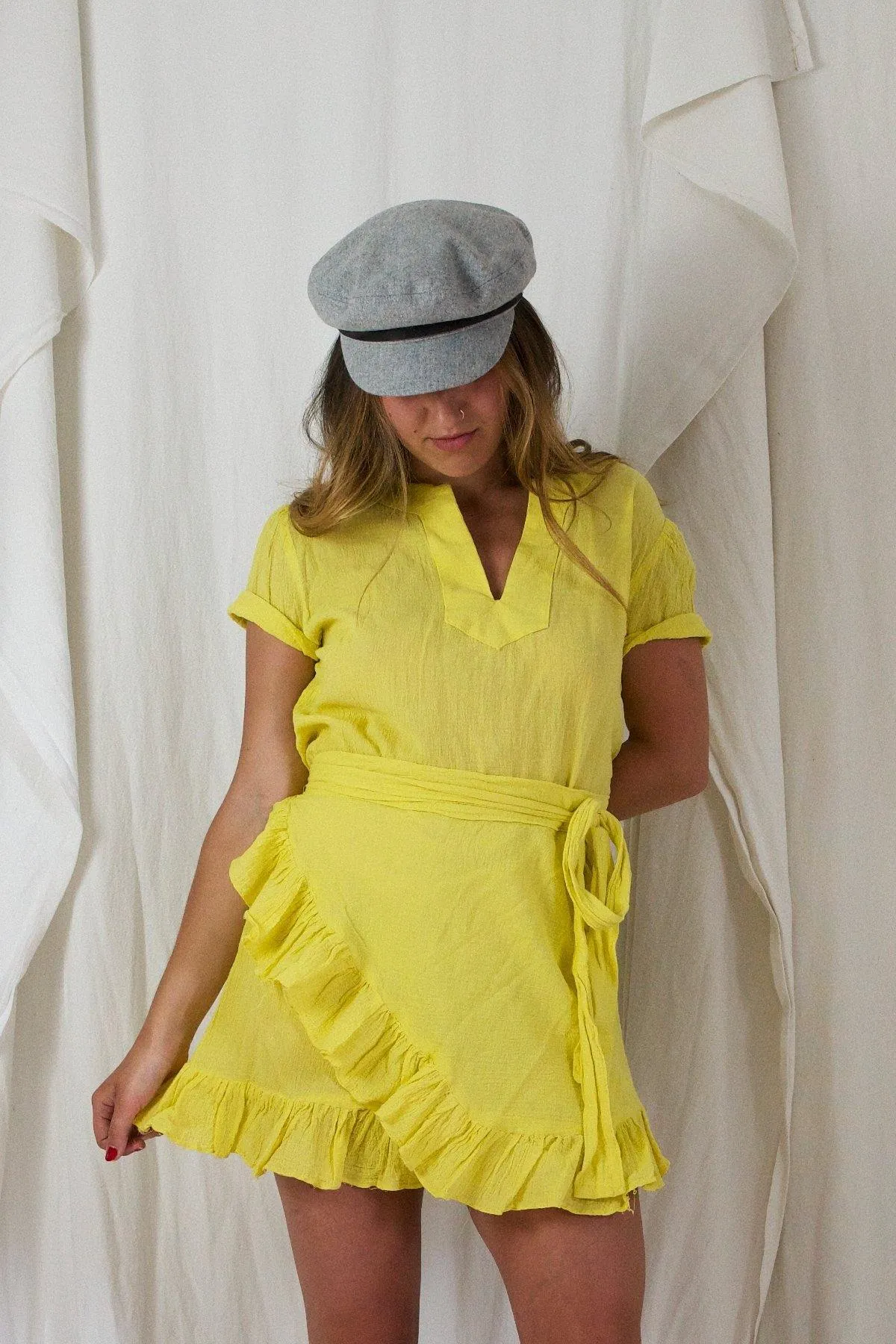 Vintage Canary Wrap Ruffle Dress