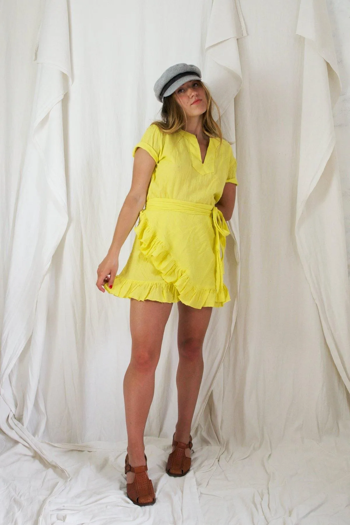 Vintage Canary Wrap Ruffle Dress