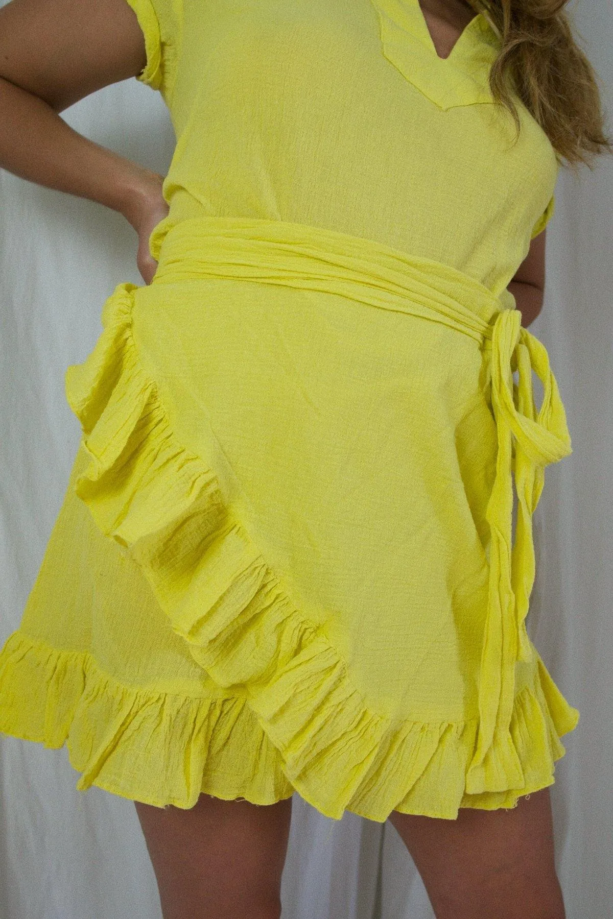 Vintage Canary Wrap Ruffle Dress