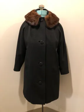 Vintage Modern Deb Black Wool Coat with Fur Collar