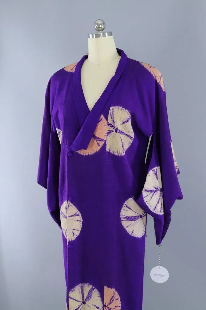 Vintage Silk Kimono Coat / Purple, Yellow and Peach Shibori