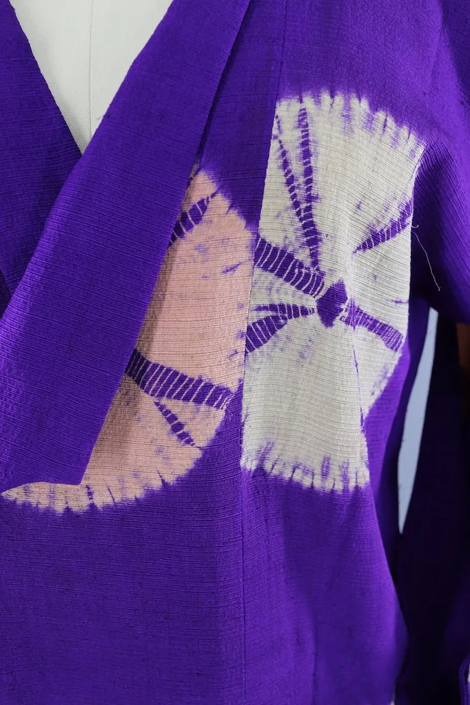 Vintage Silk Kimono Coat / Purple, Yellow and Peach Shibori