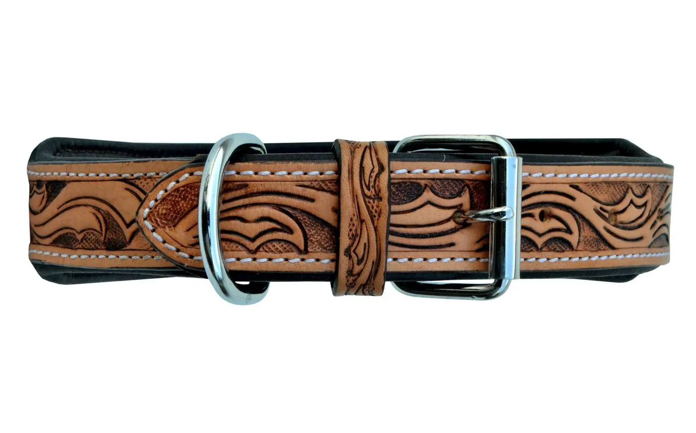 Western Style Beaded and Tooled Leather Dog Collar With Padded Soft Lining 10AB001