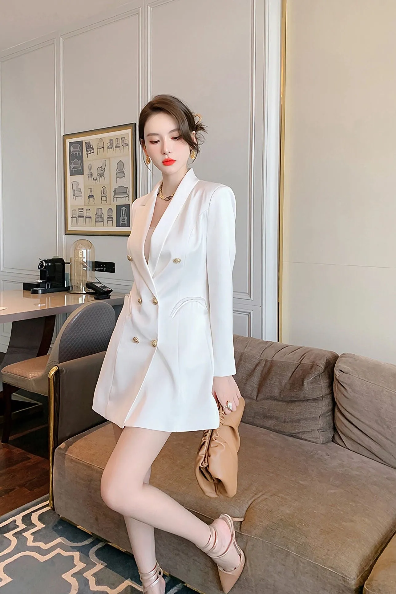 White Silky Asymmetrical Collar Double Breasted Blazer