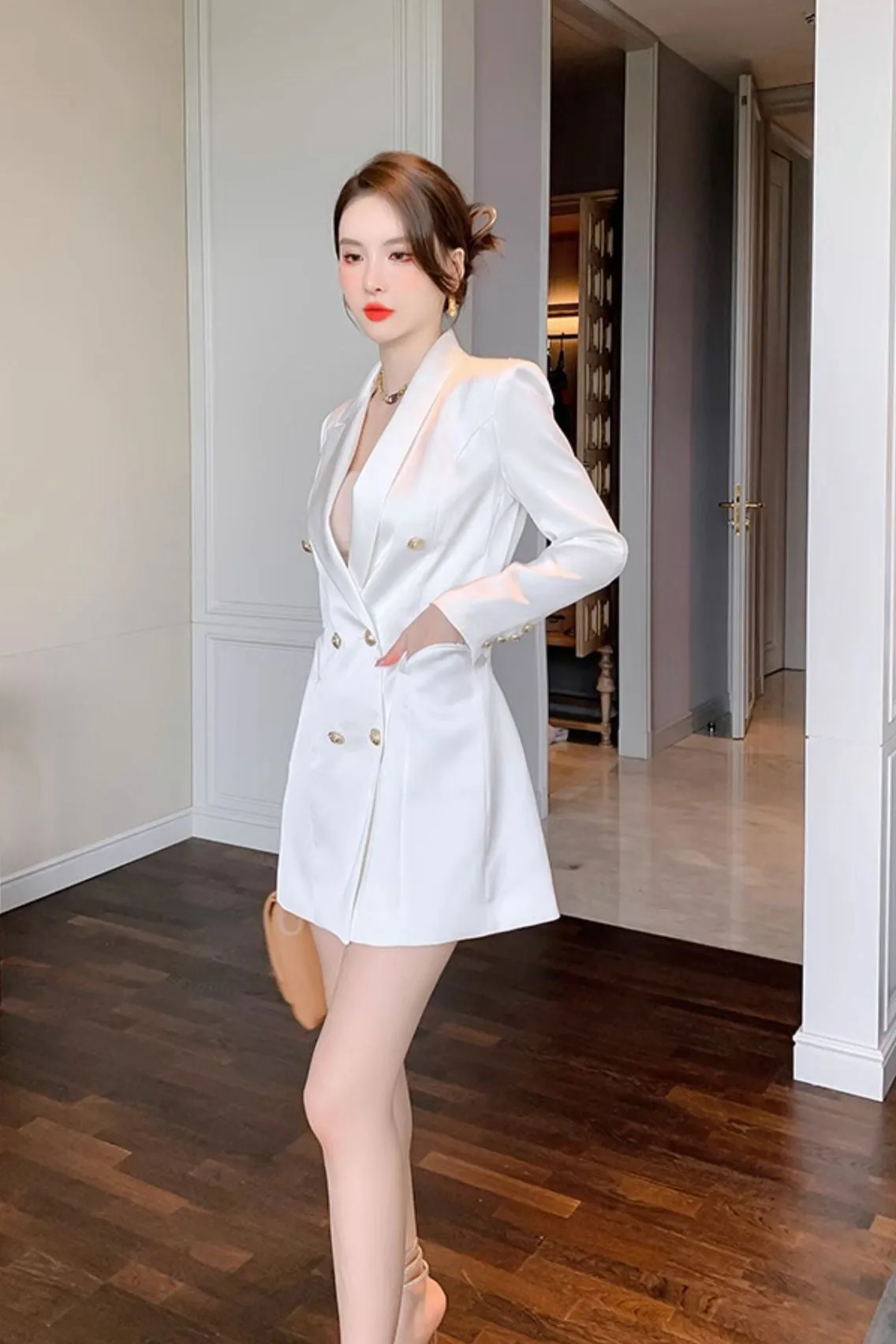 White Silky Asymmetrical Collar Double Breasted Blazer