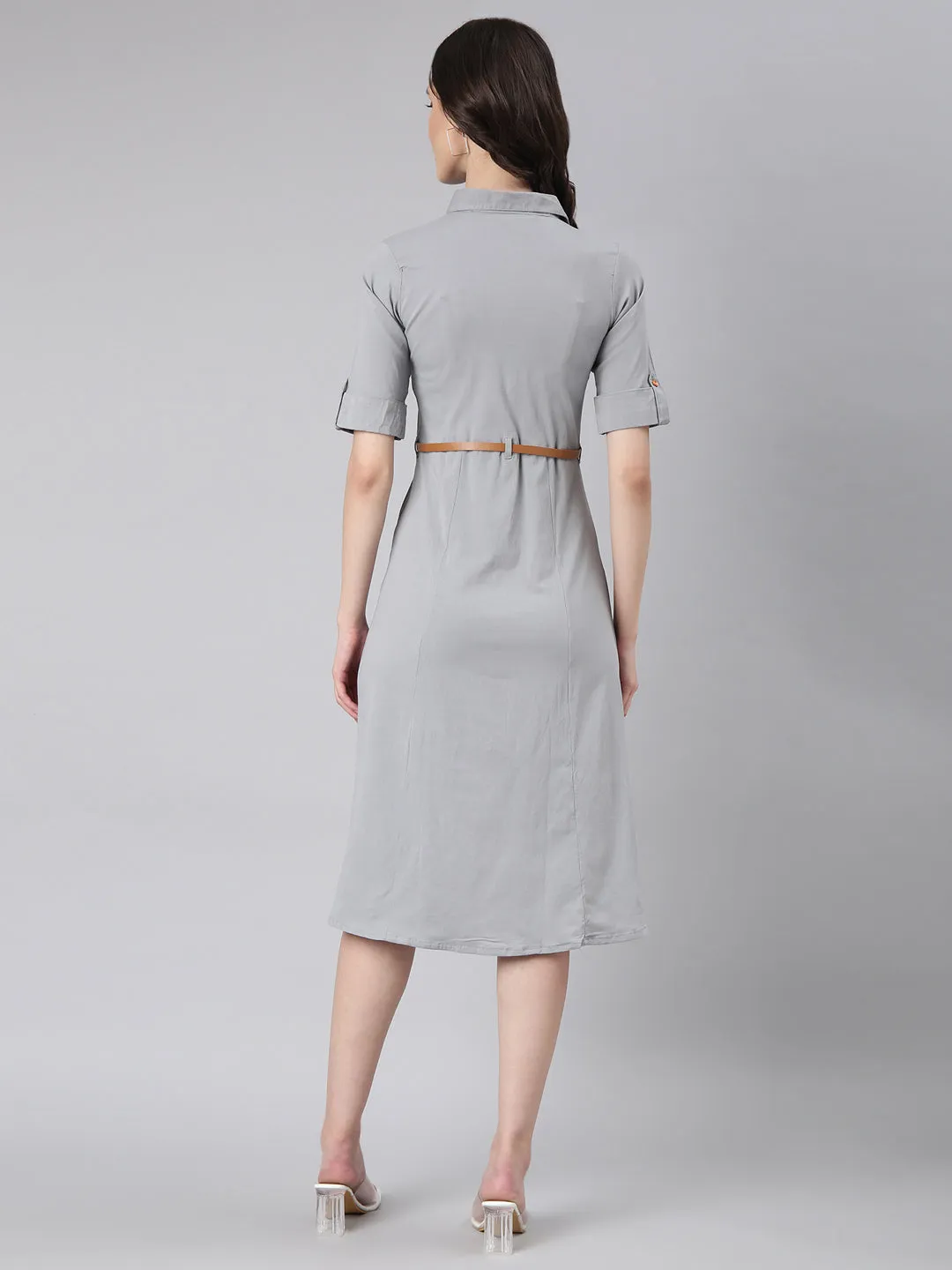 Women Grey Solid Shirt Dress