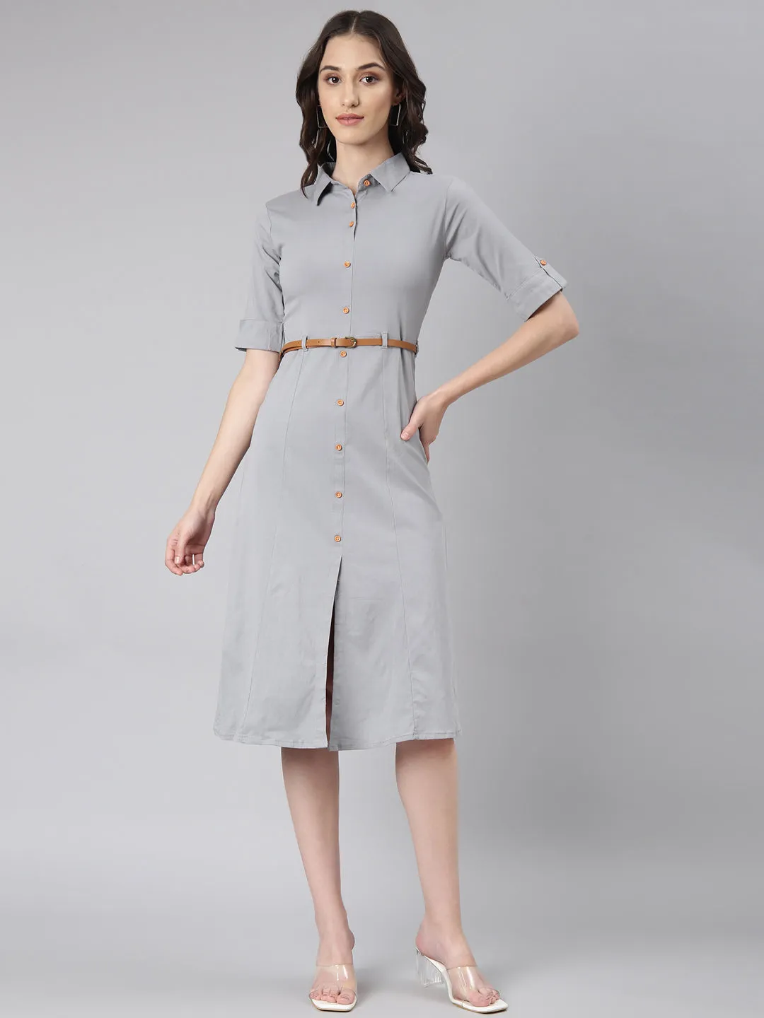 Women Grey Solid Shirt Dress