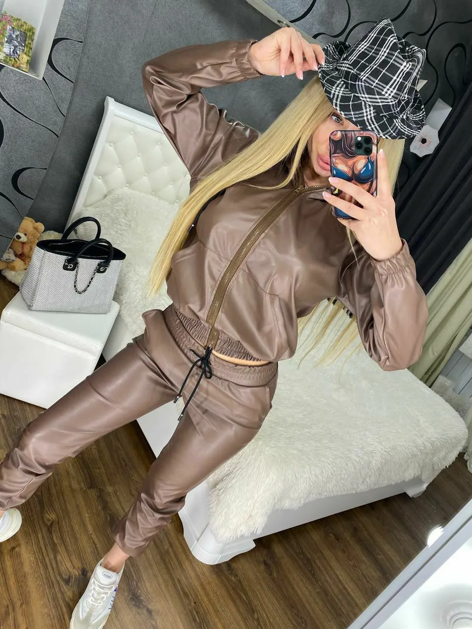 Women's Eco Leather Suit Brown Color Stylish Women Clothing