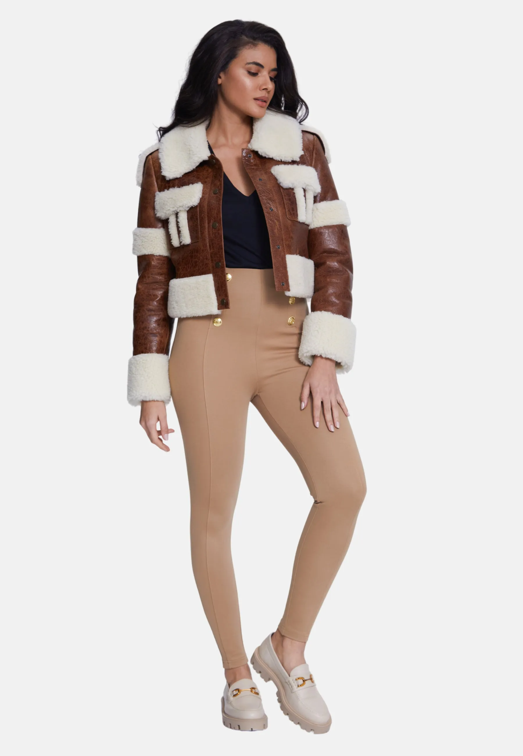 Women's Fashion Jacket, Cracked Brown With Beige Curly Wool